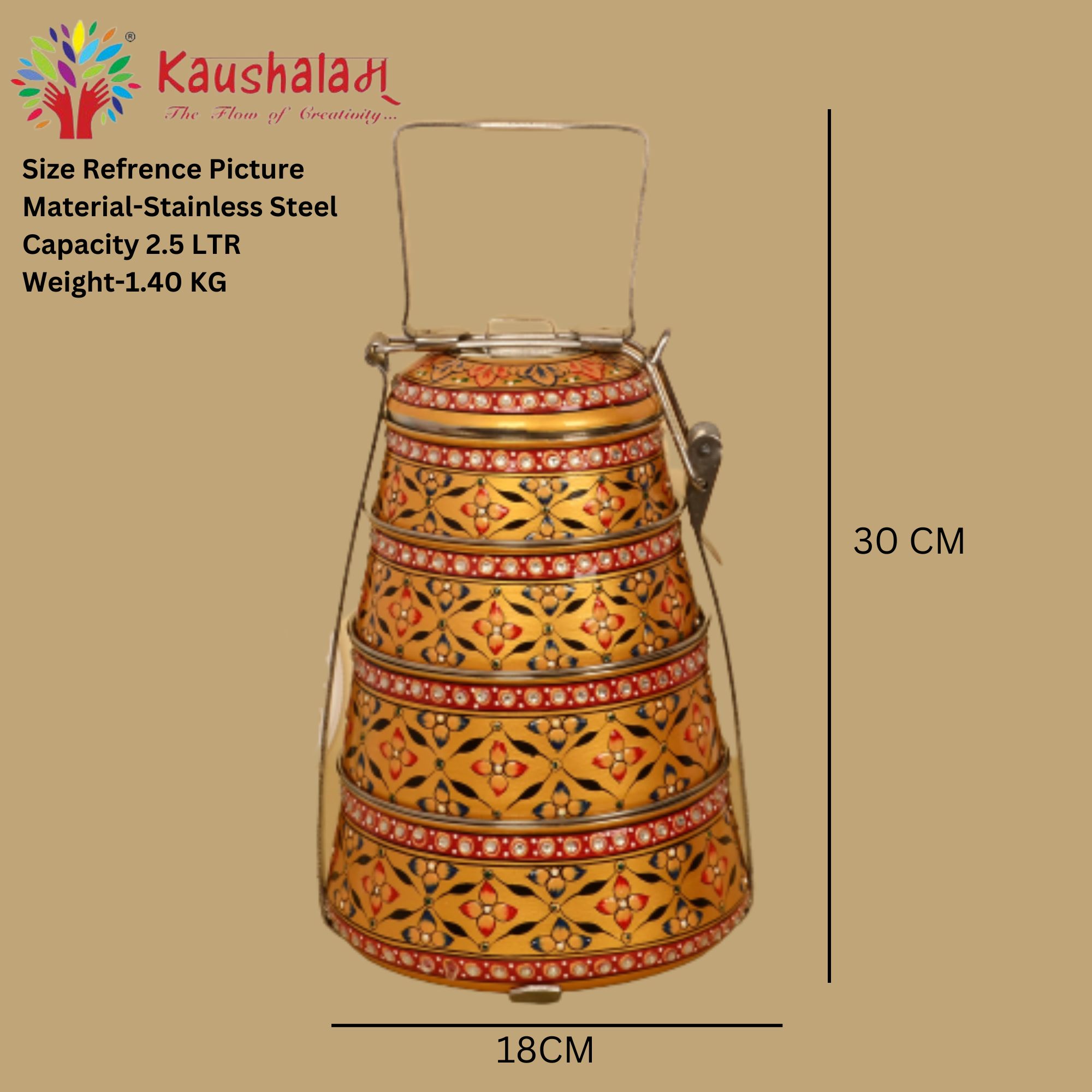 Hand painted 4 tier steel pyramid tiffin: Golden Hand painted 4 tier steel pyramid tiffin: Golden