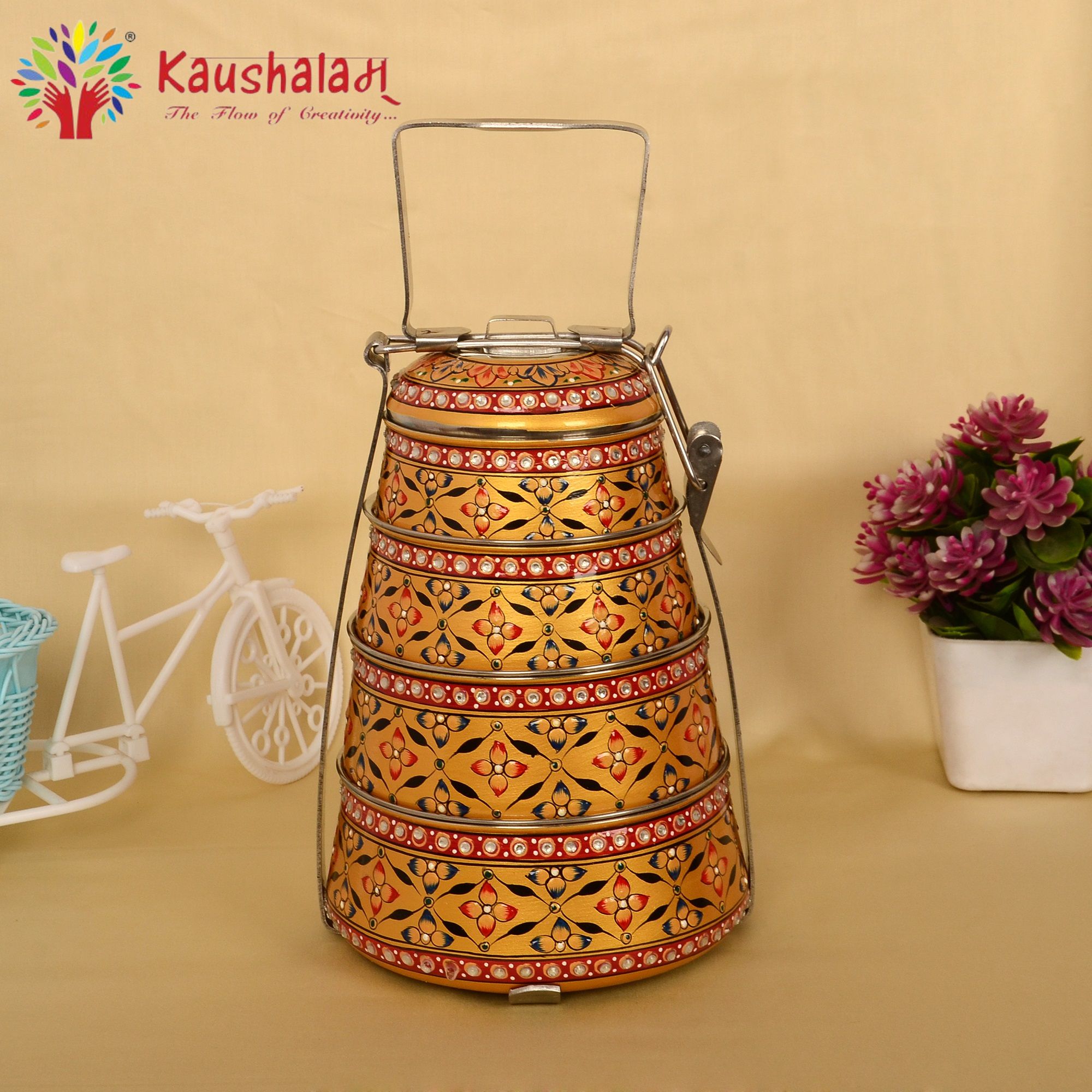 Hand painted 4 tier steel pyramid tiffin: Golden Hand painted 4 tier steel pyramid tiffin: Golden
