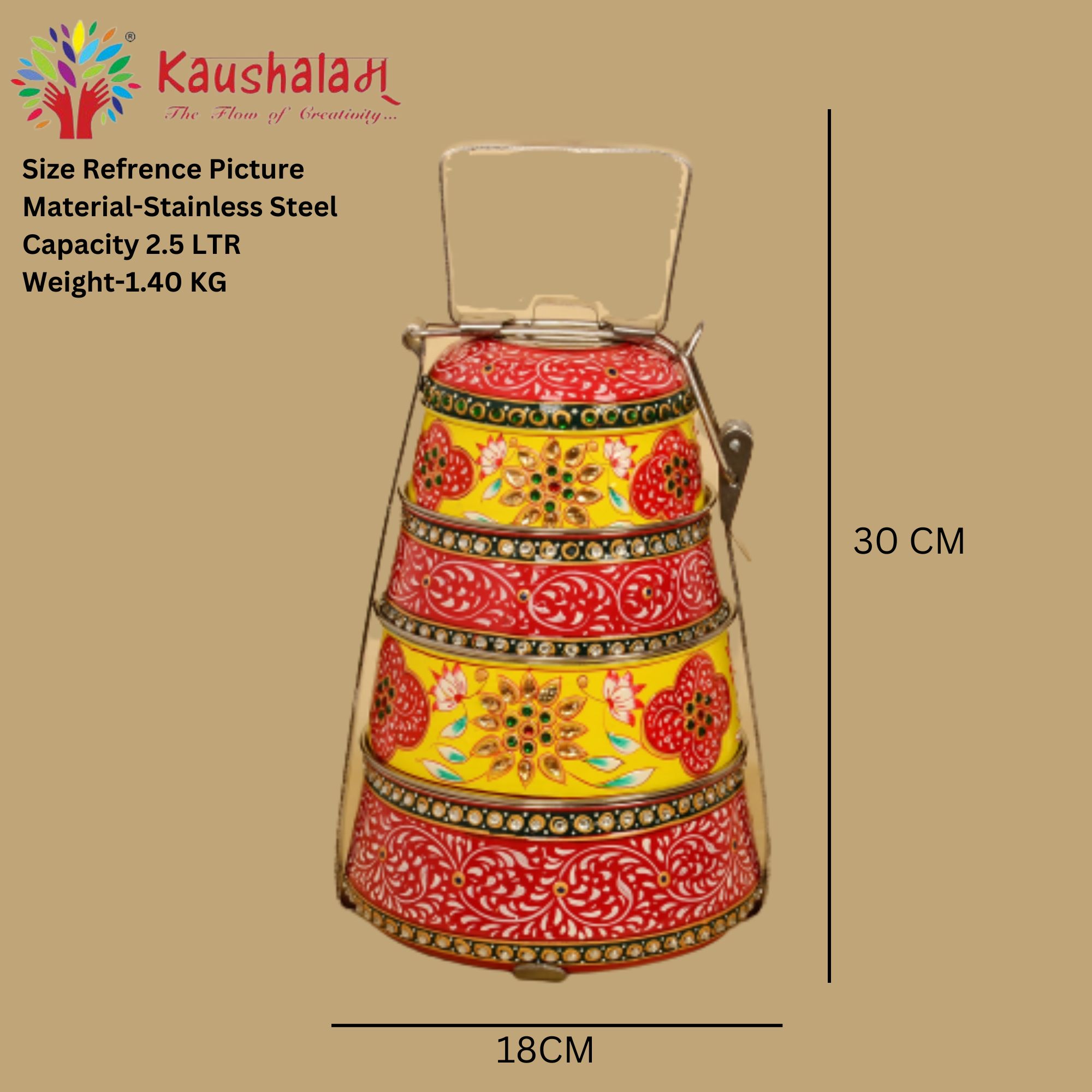Hand painted 4 tier steel pyramid tiffin: Red & Yellow