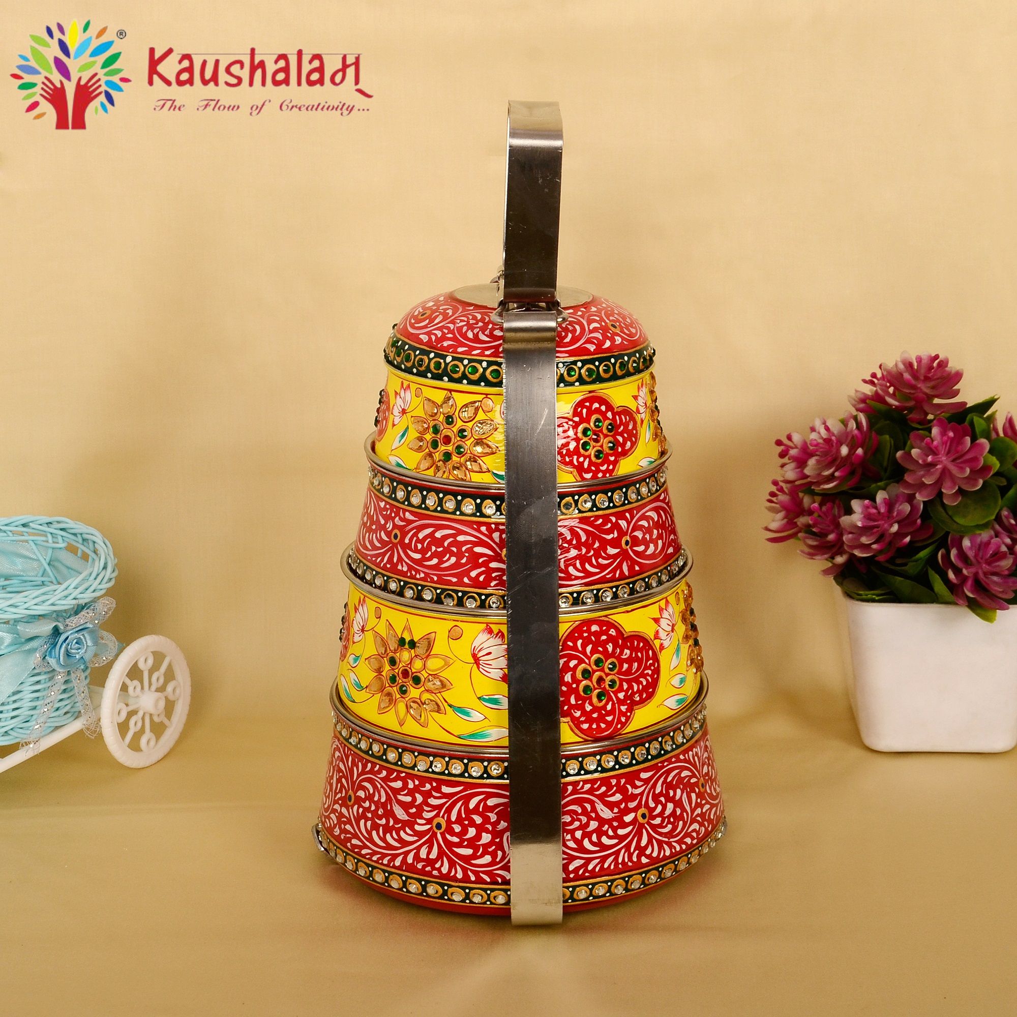 Hand painted 4 tier steel pyramid tiffin: Red & Yellow