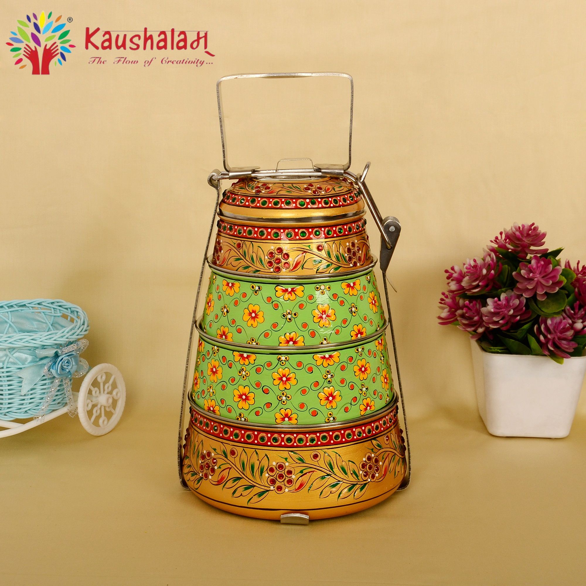 Kaushalam hand painted 4 tier steel pyramid tiffin: Golden & Green Kaushalam hand painted 4 tier steel pyramid tiffin: Golden & Green