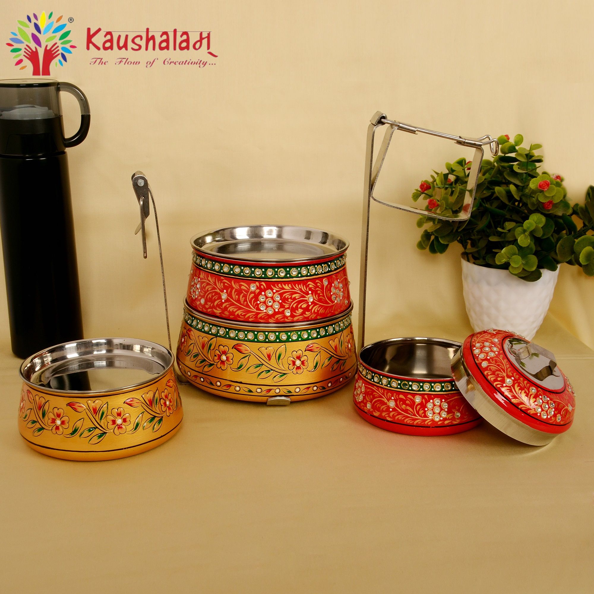 Kaushalam hand painted 4 tier steel pyramid tiffin: Pink & Golden