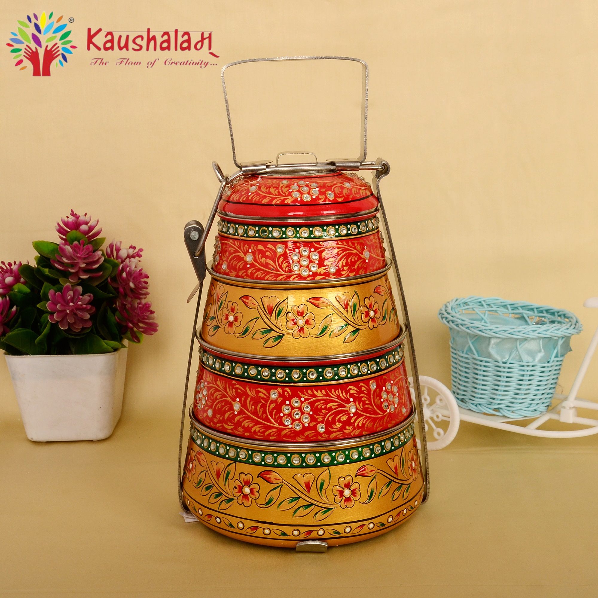 Kaushalam hand painted 4 tier steel pyramid tiffin: Pink & Golden Kaushalam hand painted 4 tier steel pyramid tiffin: Pink & Golden