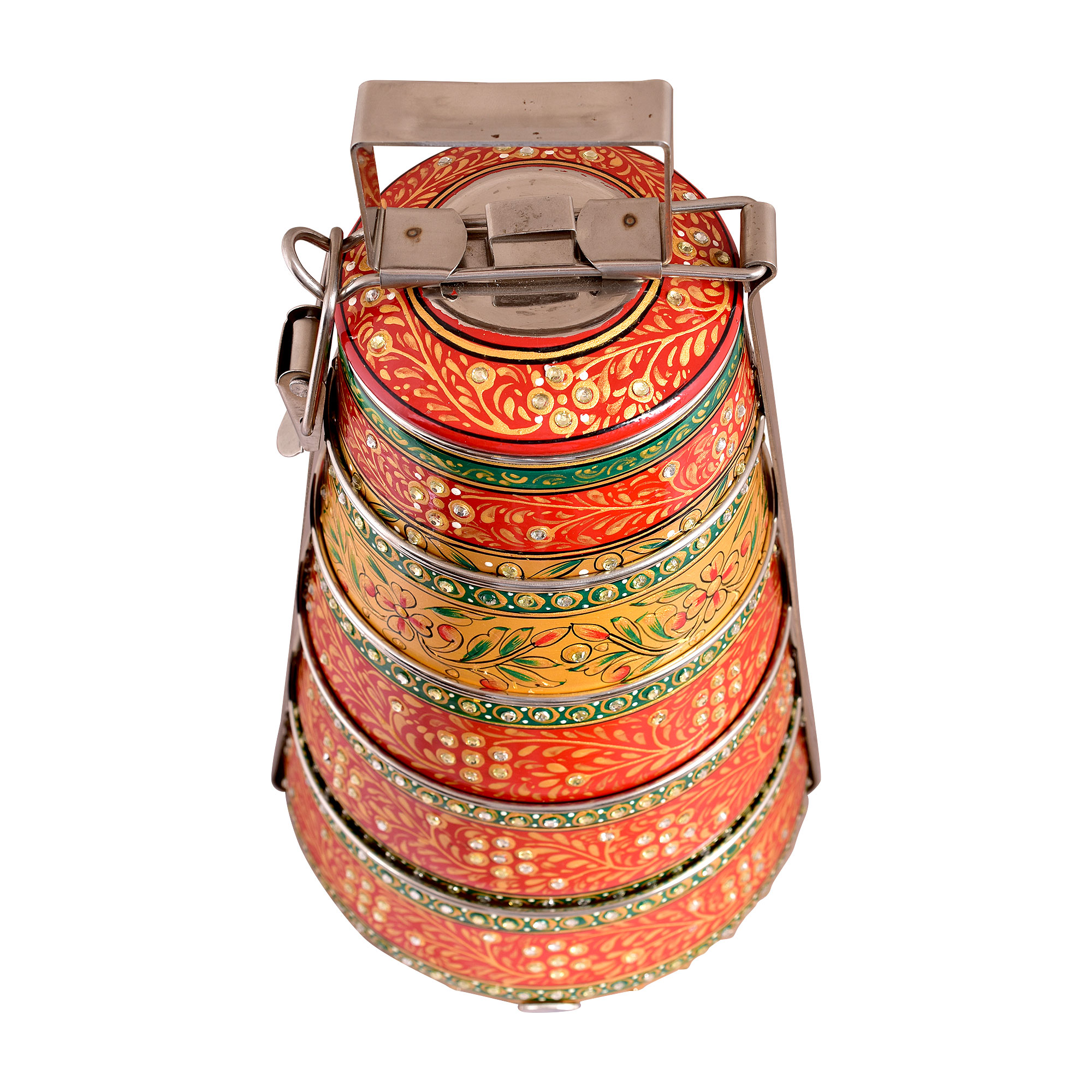 Hand painted 5 tier steel pyramid tiffin, Lunch box, Meal for family, Picnic box, large Bento box, Christmas gift, reusable tiffin