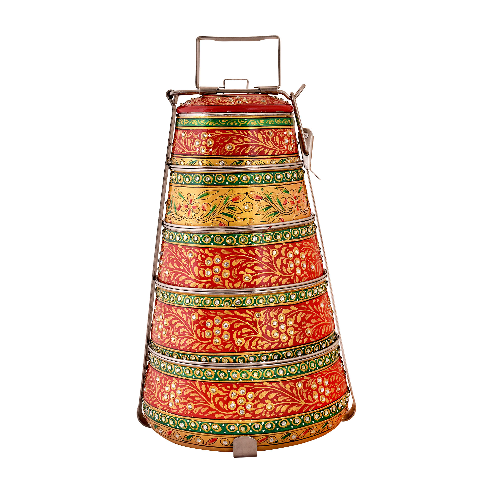 Hand painted 5 tier steel pyramid tiffin, Lunch box, Meal for family, Picnic box, large Bento box, Christmas gift, reusable tiffin