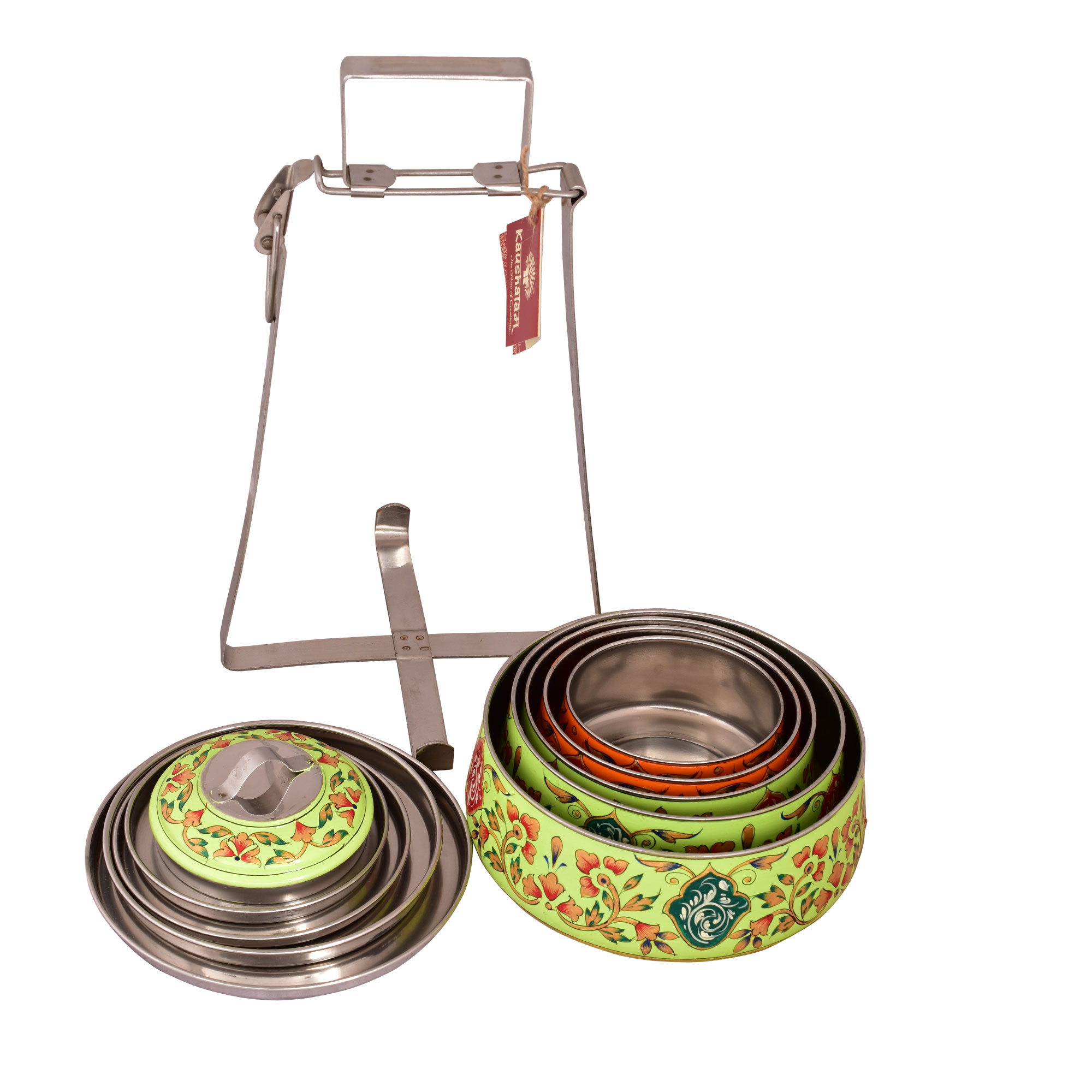 Kaushalam hand painted 5 tier steel pyramid tiffin: Orange & Green