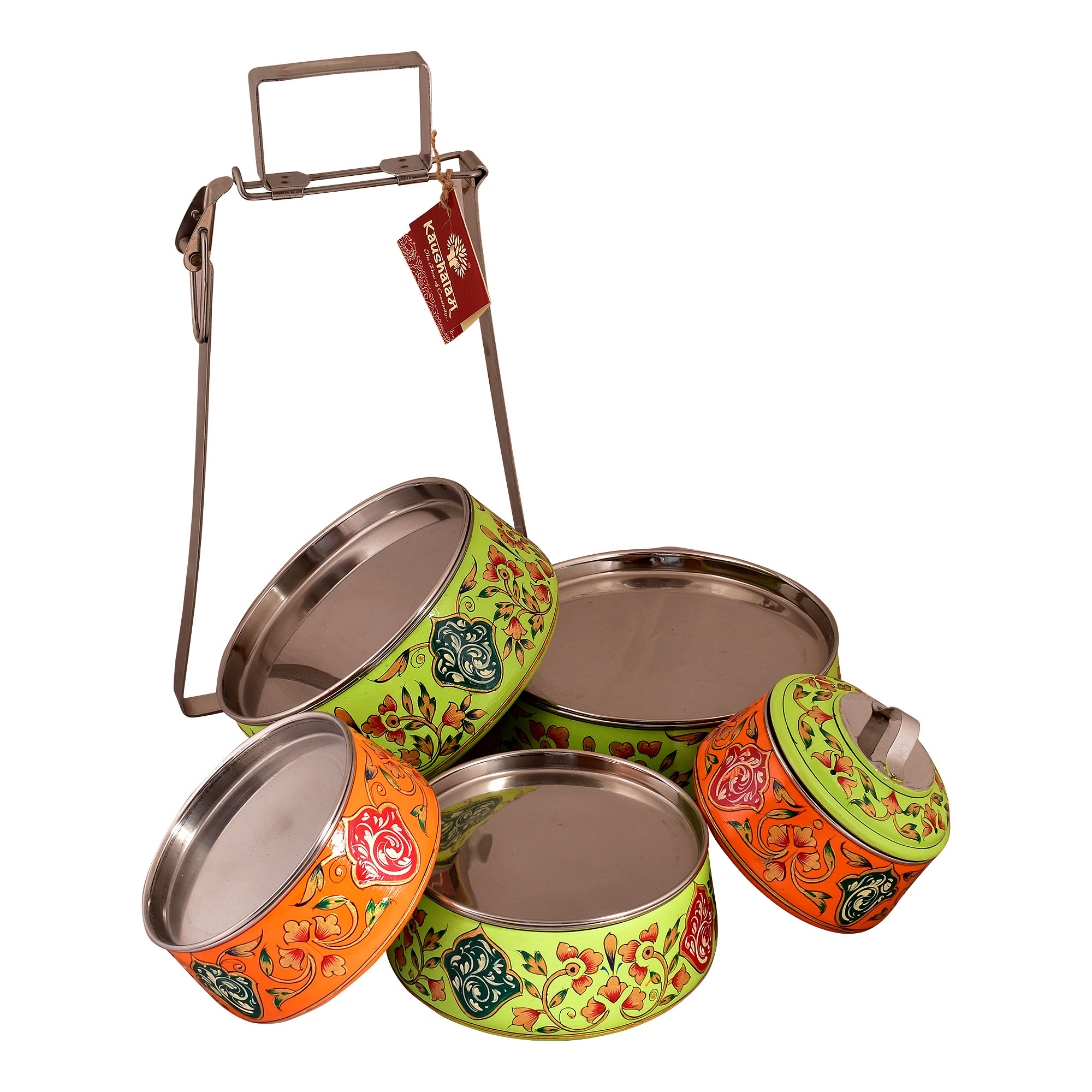 Kaushalam hand painted 5 tier steel pyramid tiffin: Orange & Green