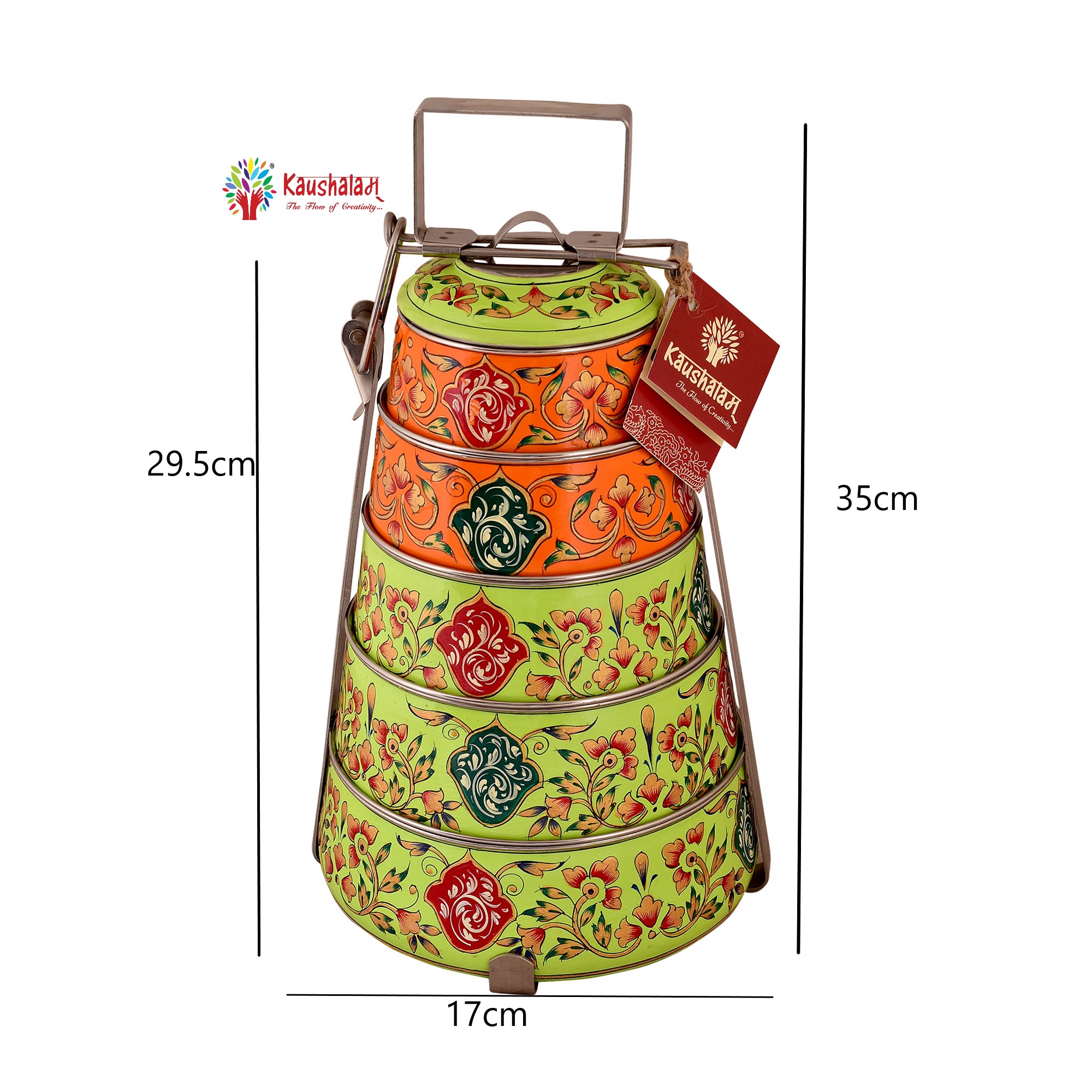 Kaushalam hand painted 5 tier steel pyramid tiffin: Orange & Green