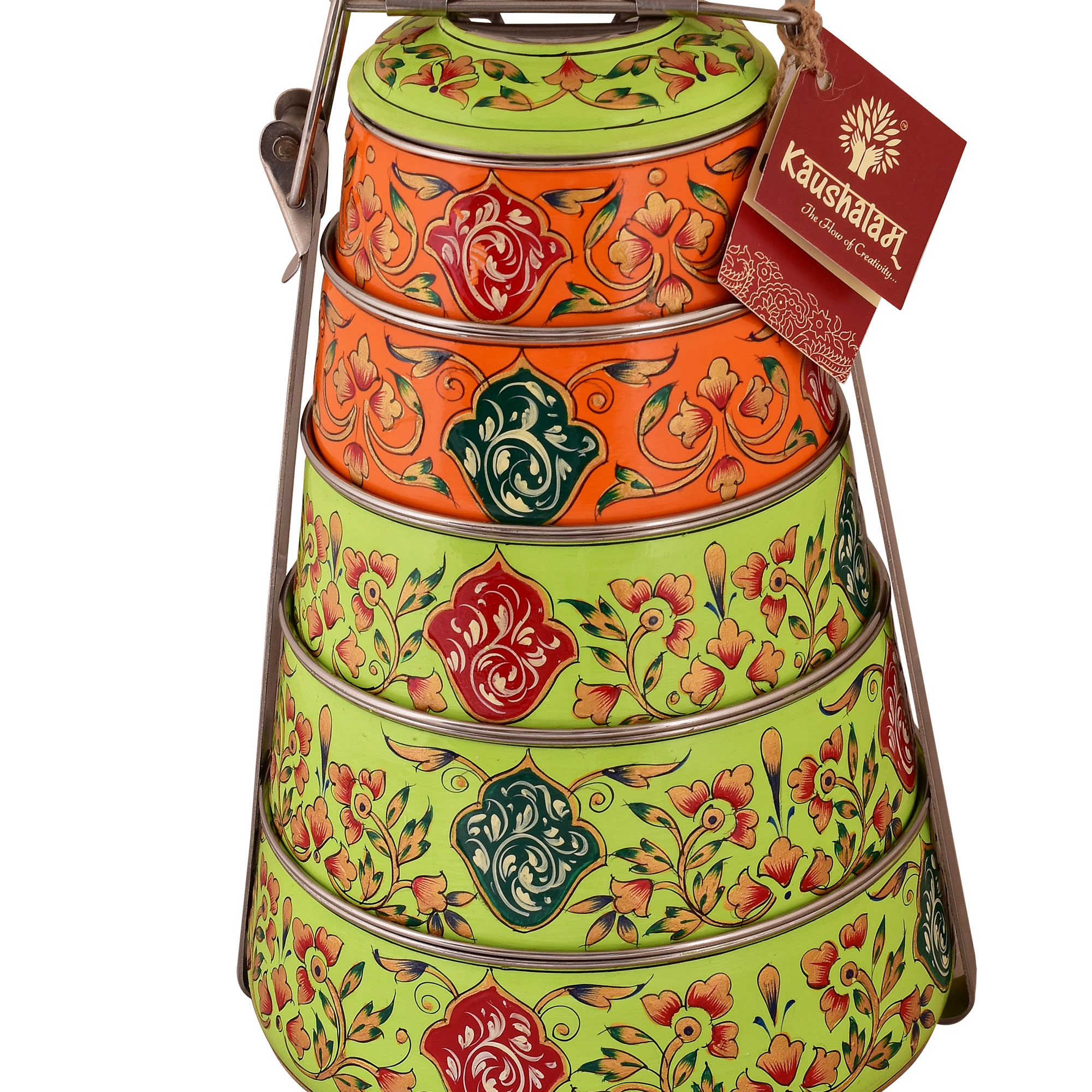 Kaushalam hand painted 5 tier steel pyramid tiffin: Orange & Green