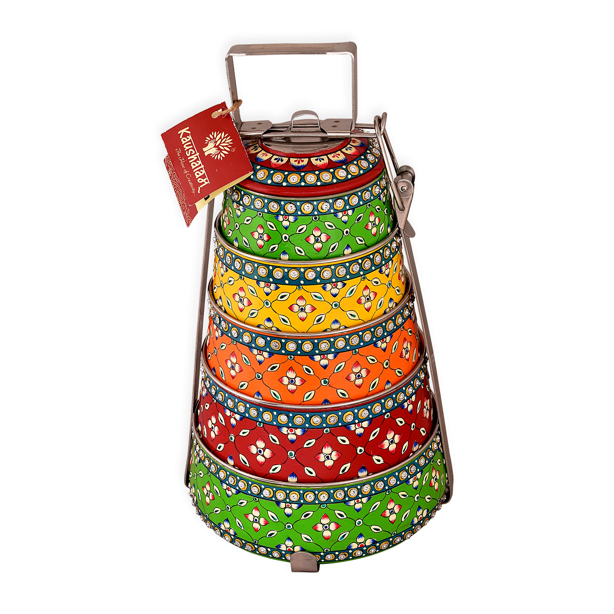 Hand painted 5 tier steel pyramid tiffin- Multicolored Lunch box