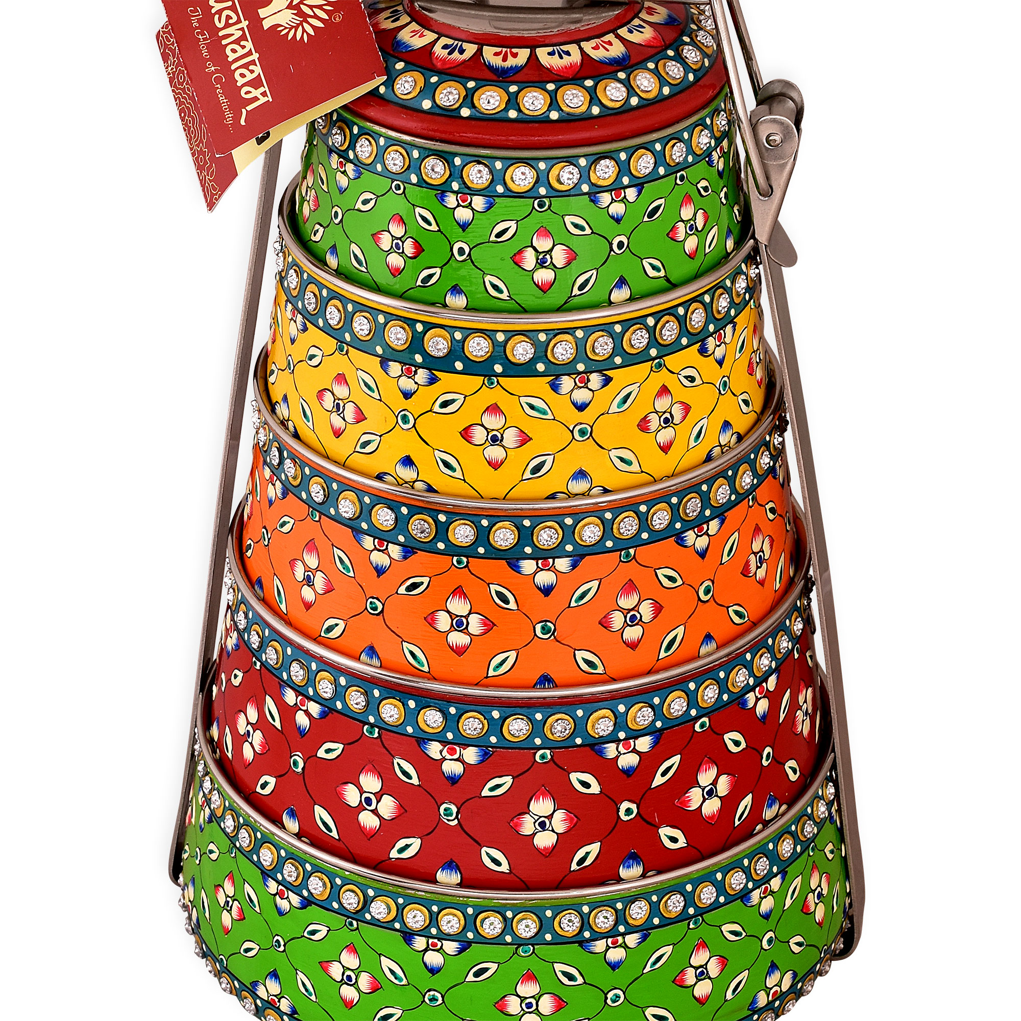 Hand painted 5 tier steel pyramid tiffin- Multicolored Lunch box
