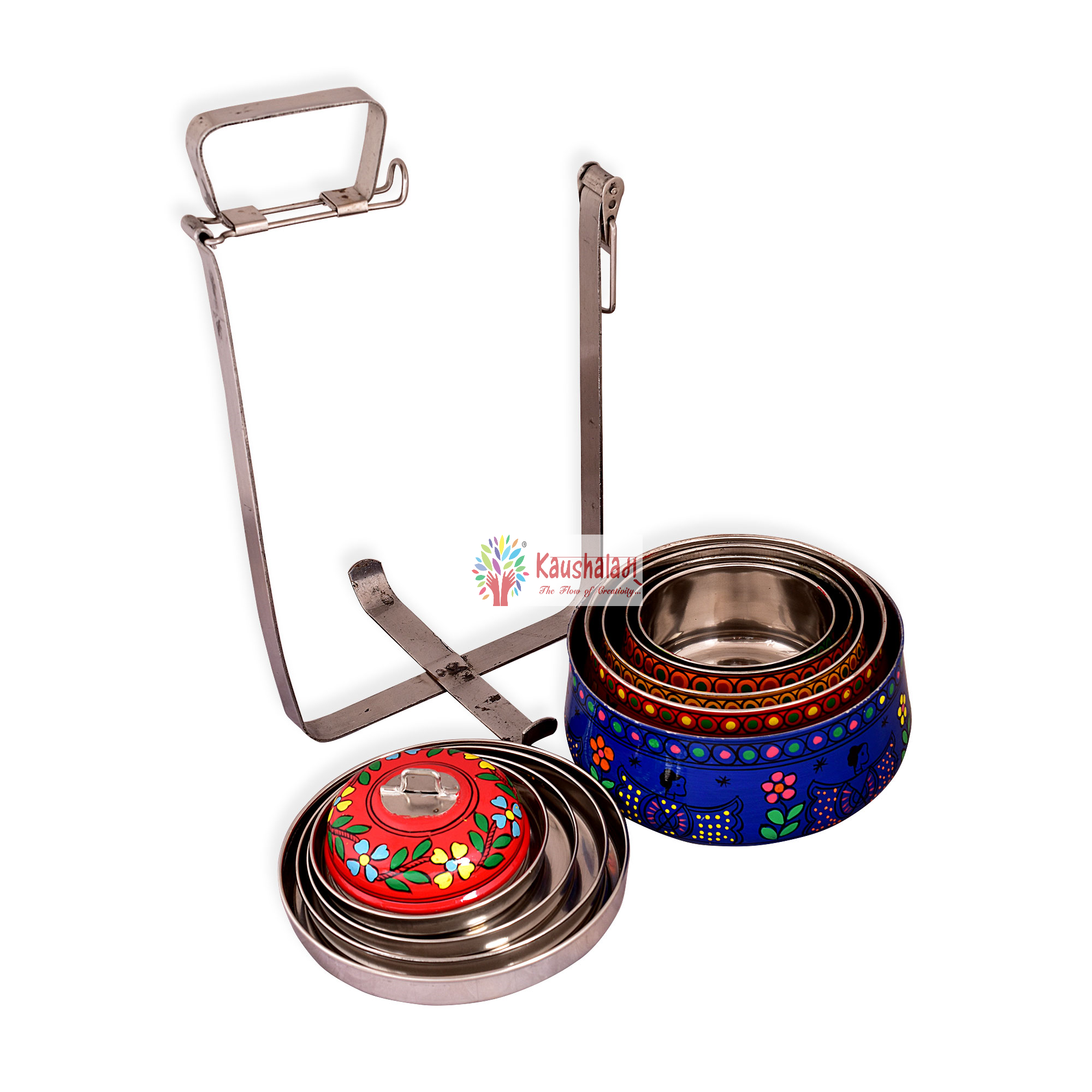 Hand Painted 5 Tier Steel Pyramid Tiffin- Madhubani Lunch box
