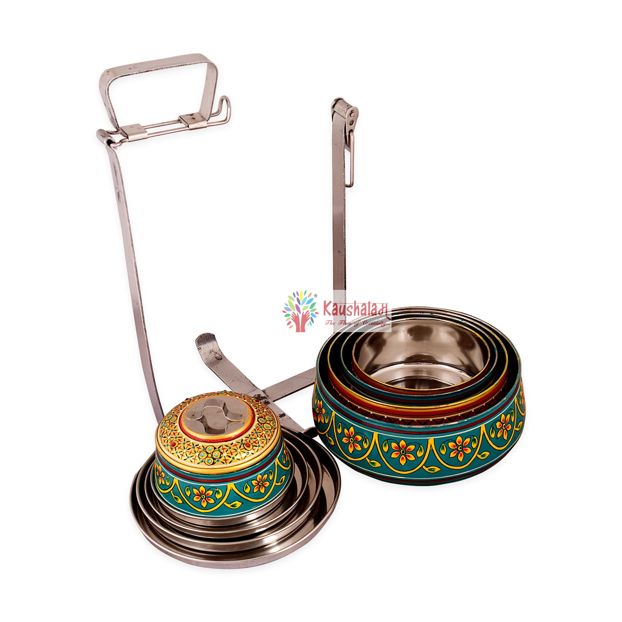 Hand painted 5 tier Steel Pyramid Tiffin- Green- Gold Lunch box