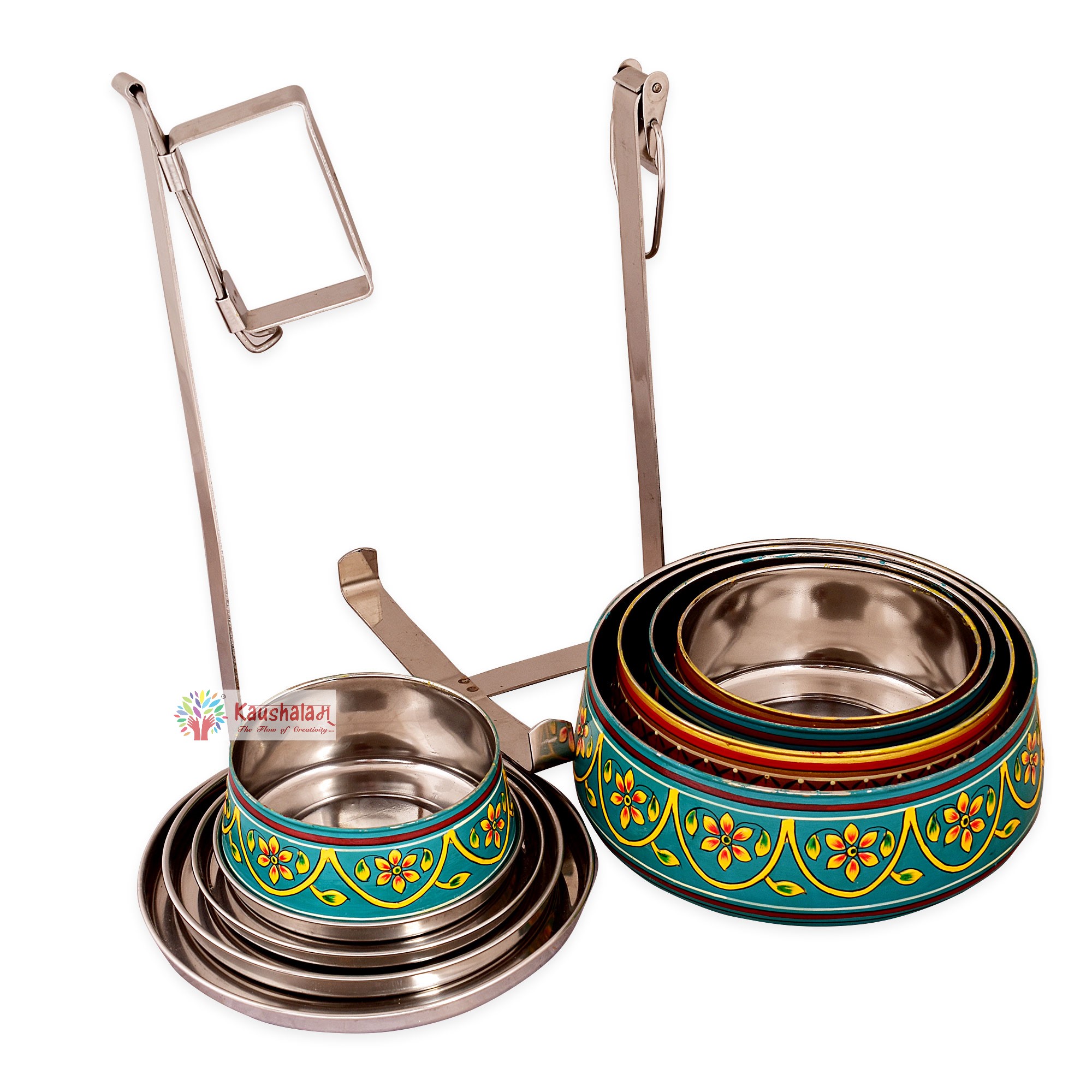 Hand painted 5 tier Steel Pyramid Tiffin- Green- Gold Lunch box