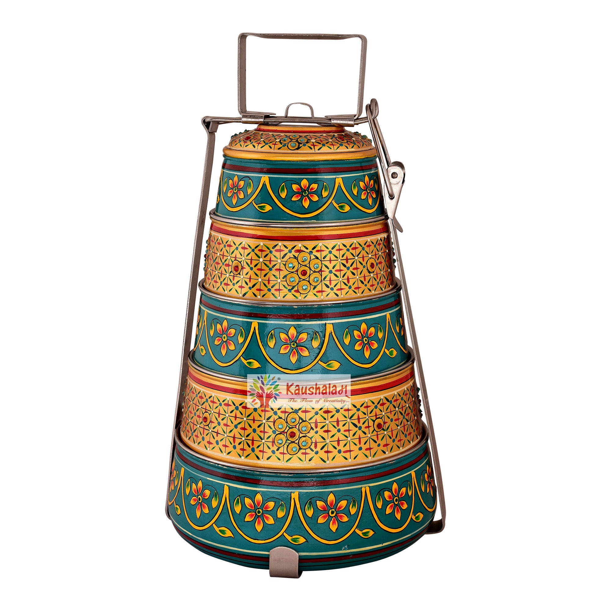 Hand painted 5 tier steel pyramid tiffin- Lunch box