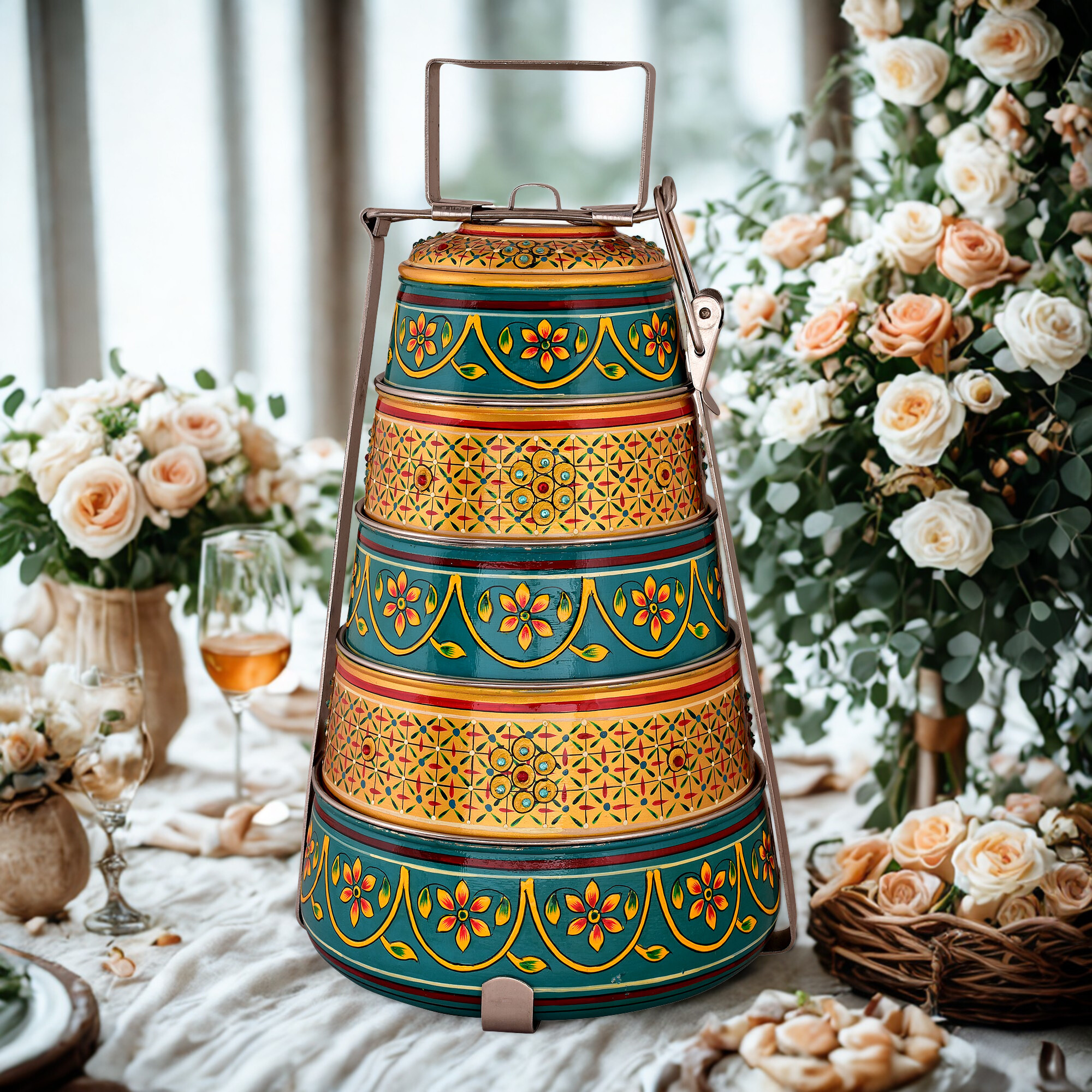 Hand painted 5 tier Steel Pyramid Tiffin- Green- Gold Lunch box