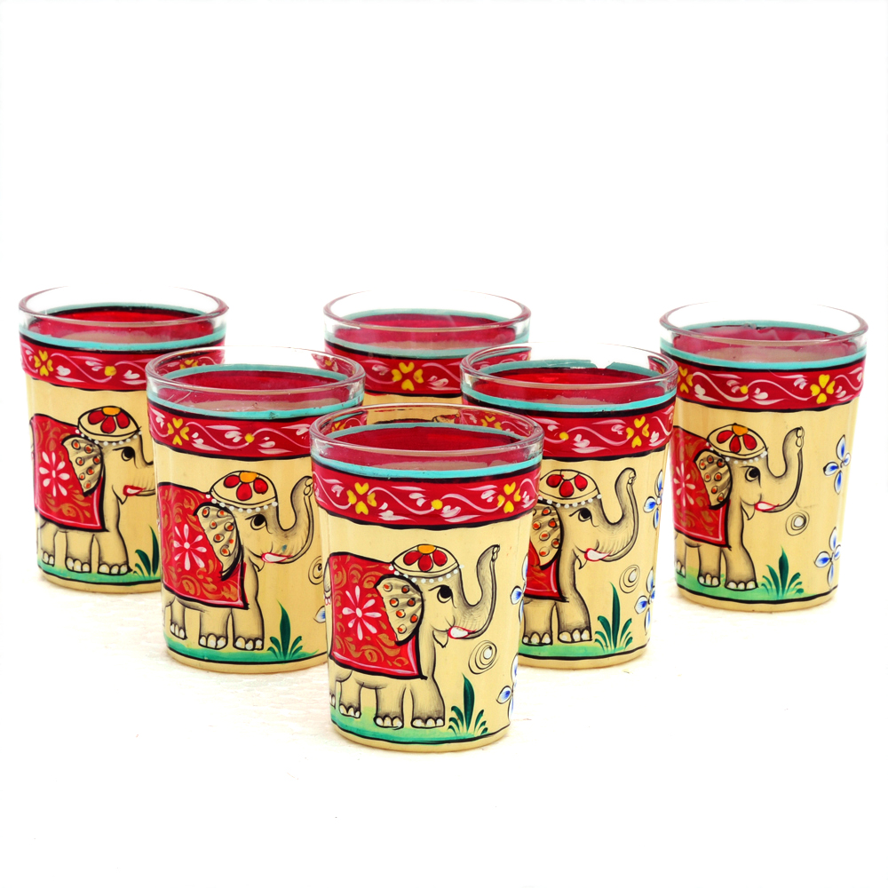 Hand Painted Tea Glass set of 6 : Elephant
