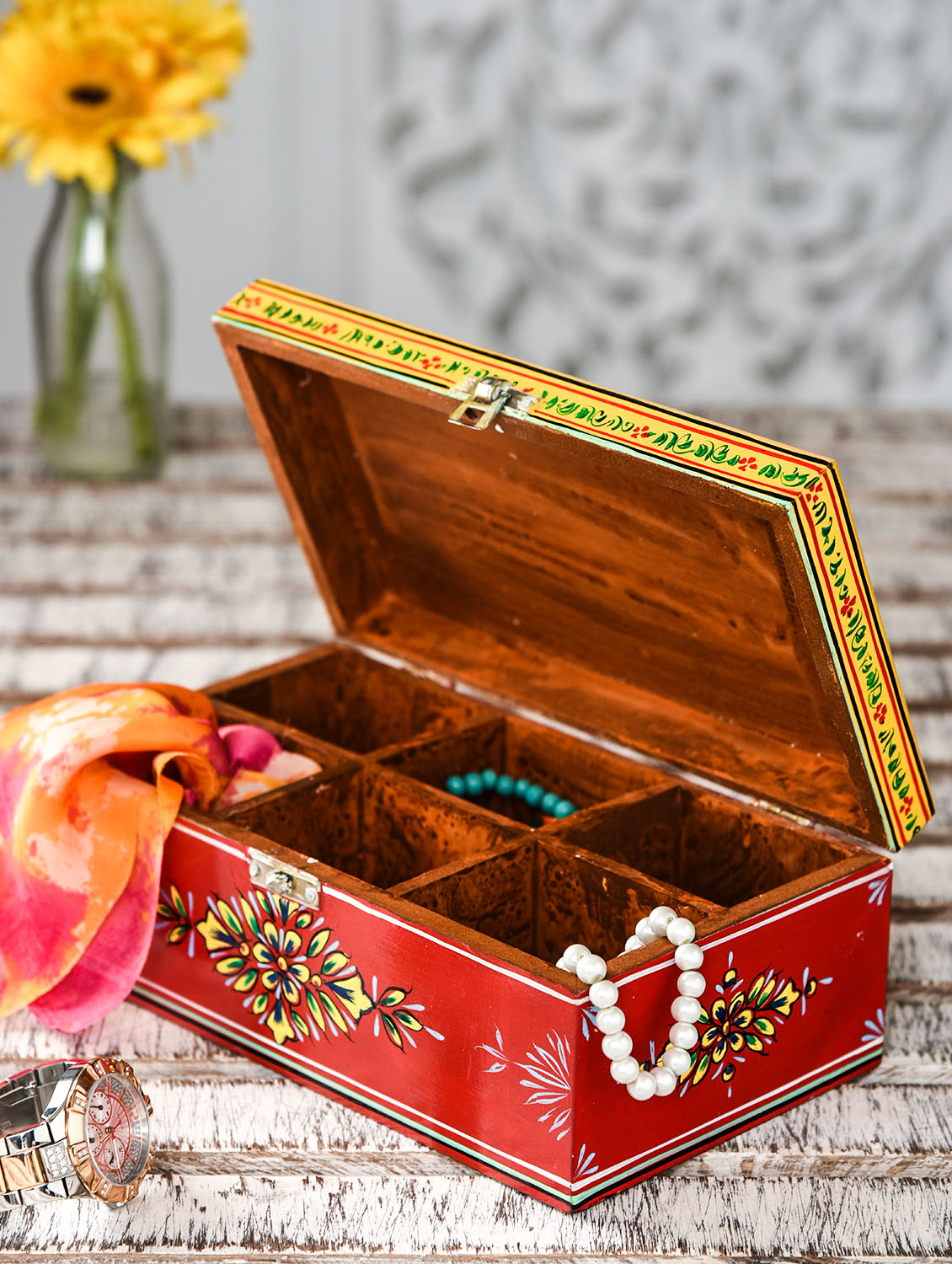 Hand Painted Tea Box : Mughal Red Hand Painted Tea Box : Mughal Red