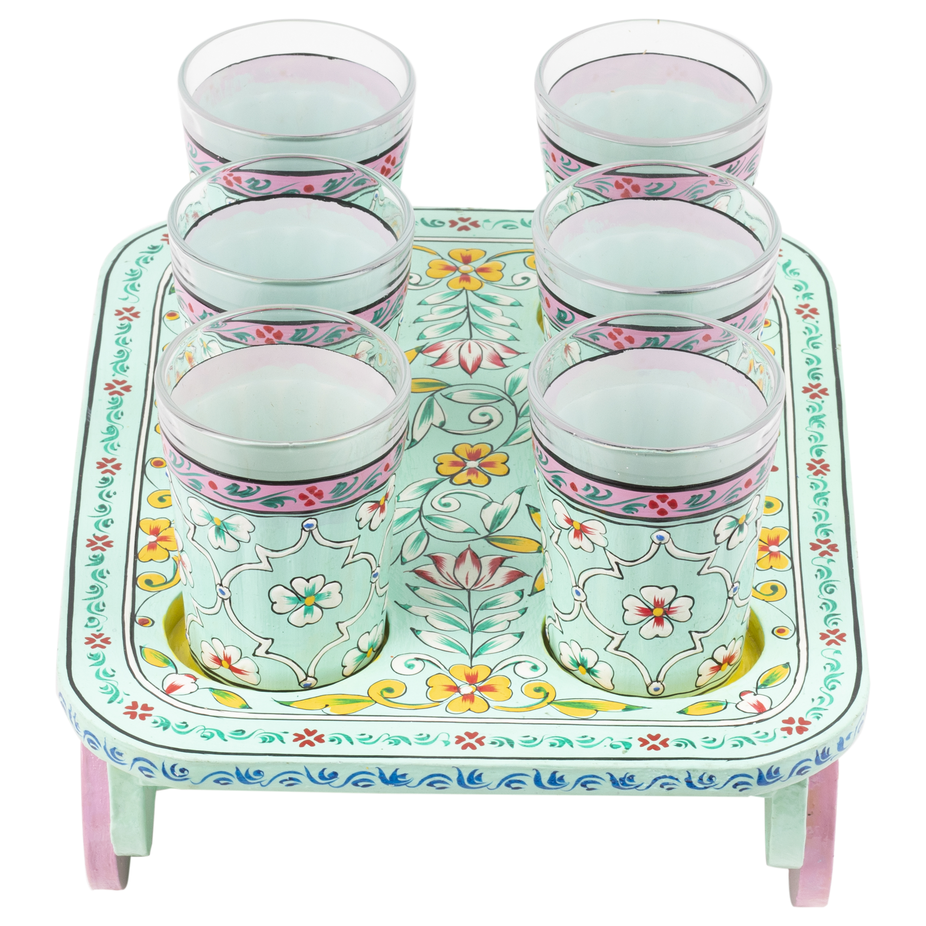 HABIBI – Hand-Painted Tea Cart Set | Steel Kettle, 6 Glasses & Serving Cart