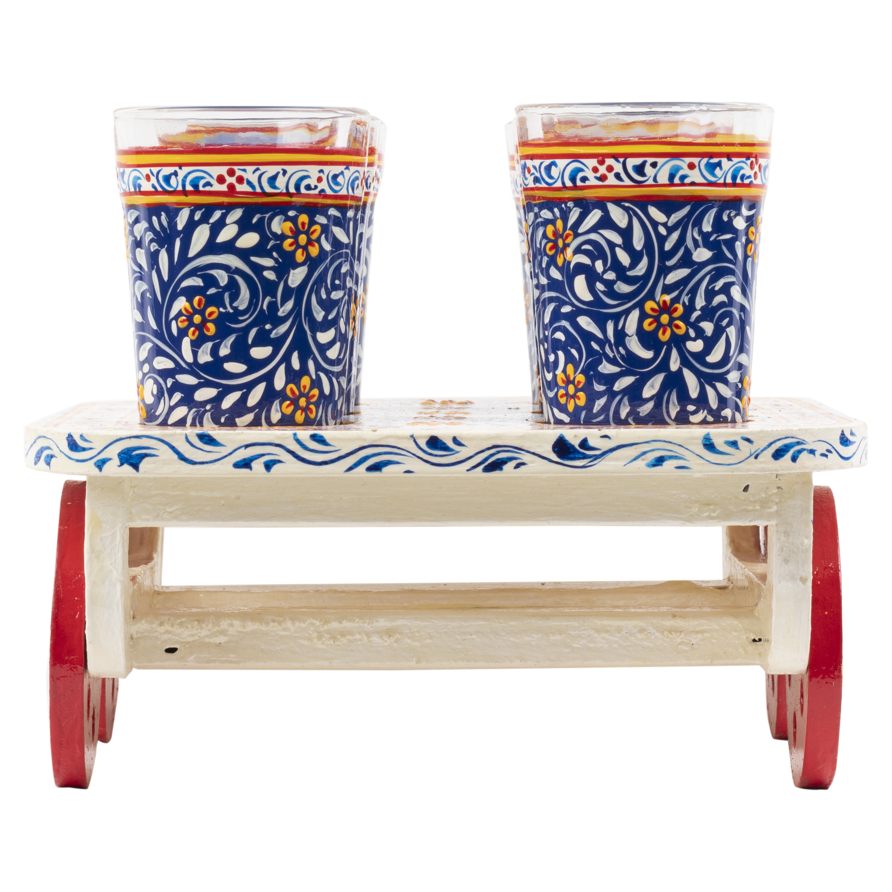Hand painted Tea set with tea Cart: Blue & White Hand painted Tea set with tea Cart: Blue & White