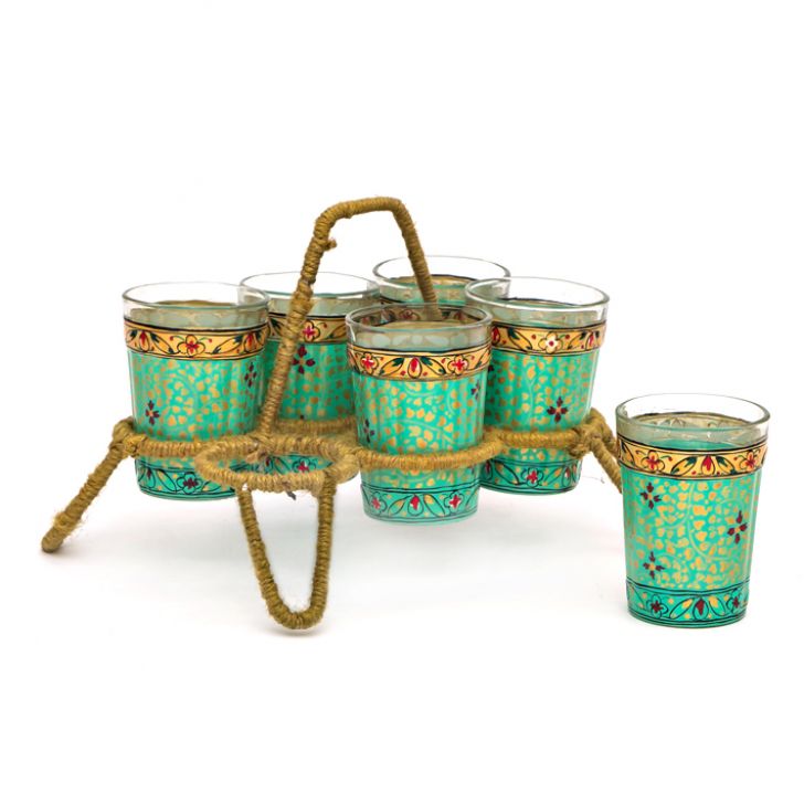 Hand Painted Tea Kettle with six glasses and stand : Eye Charmer