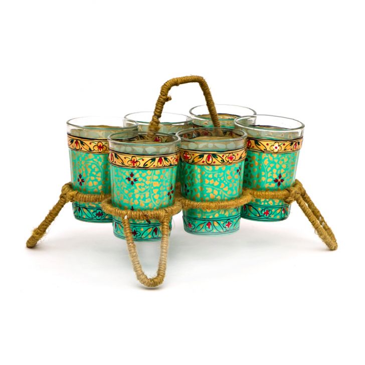 Hand Painted Tea Kettle with six glasses and stand : Eye Charmer