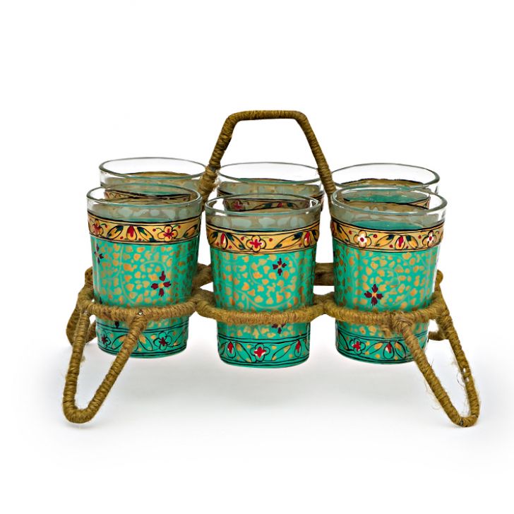 Hand Painted Tea Kettle with six glasses and stand : Eye Charmer