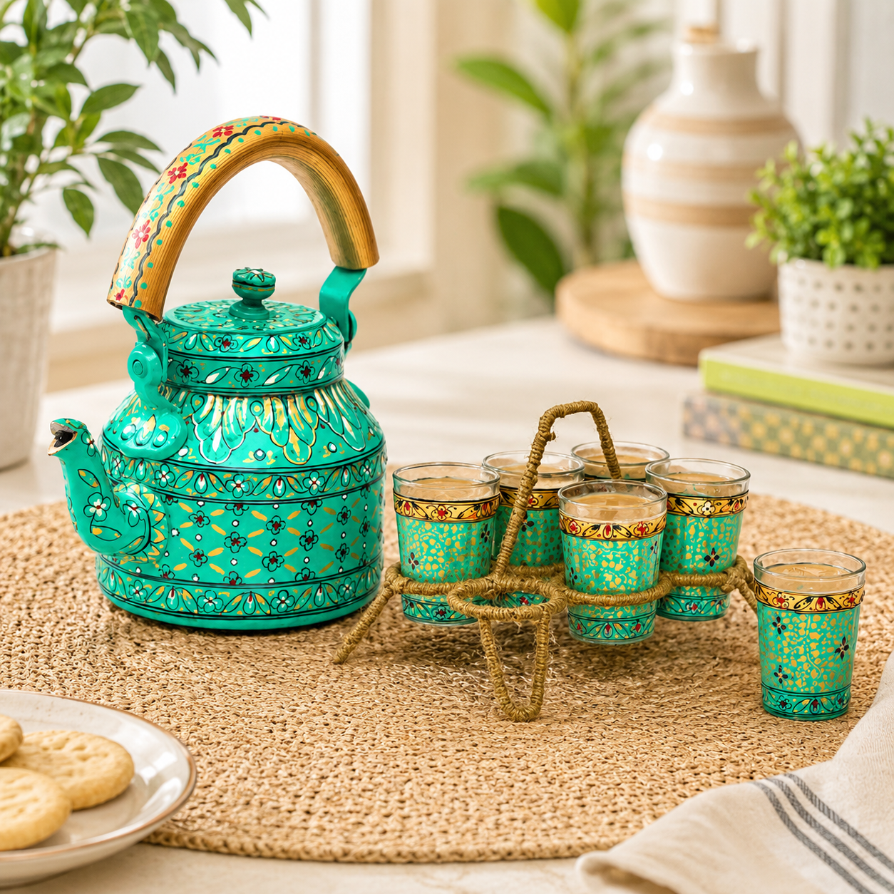 Hand Painted Tea Kettle with six glasses and stand : Eye Charmer