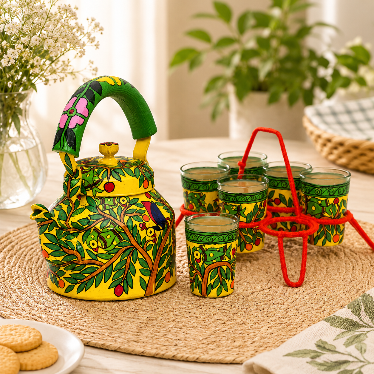 Kaushalam Tea Kettle with six glasses and stand: Parrots on tree