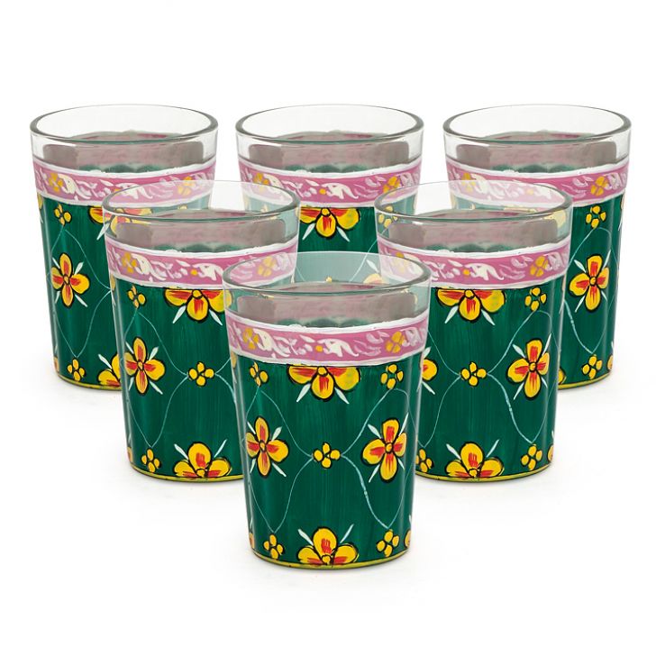 Hand Painted Tea Kettle with six glasses and stand: King & Queen