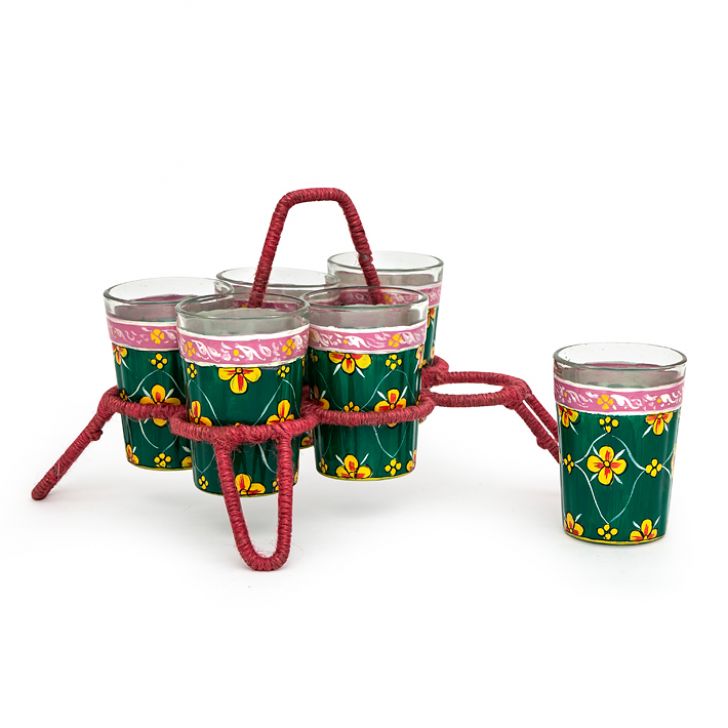 Hand Painted Tea Kettle with six glasses and stand: King & Queen