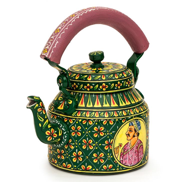 Hand Painted Tea Kettle with six glasses and stand: King & Queen