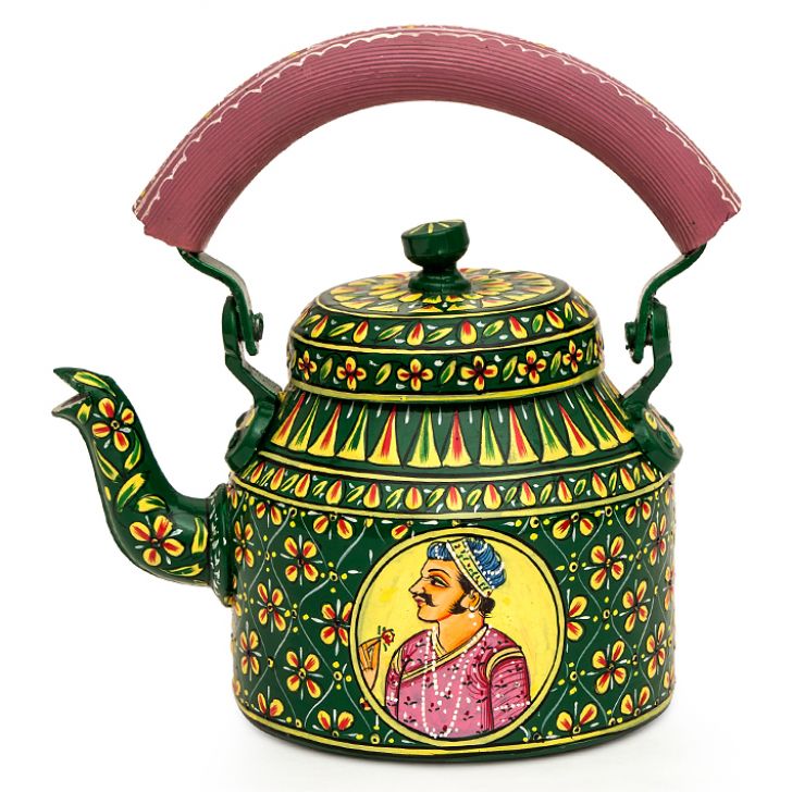 Hand Painted Tea Kettle with six glasses and stand: King & Queen