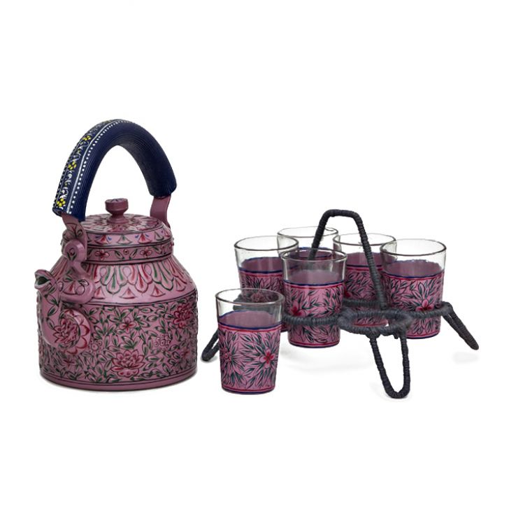 Hand Painted Tea Kettle with six glasses and stand: Pink Passion
