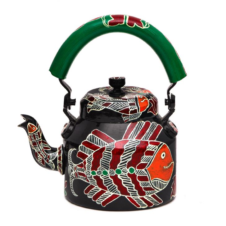 Hand Painted Tea Kettle with six glasses and stand: Fish Cracker