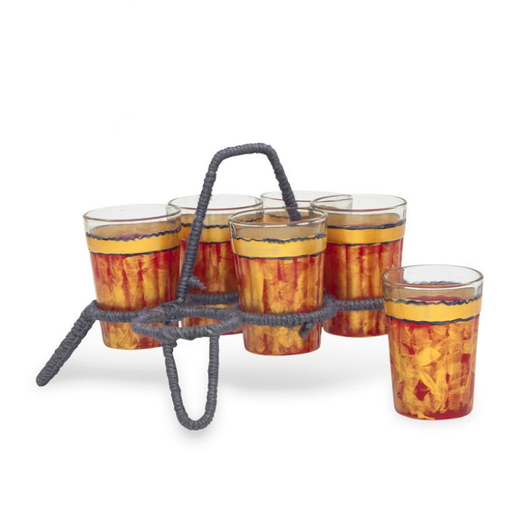 Hand Painted Tea set with Six Tea Glasses & Holder : Antiqua Fiery Red