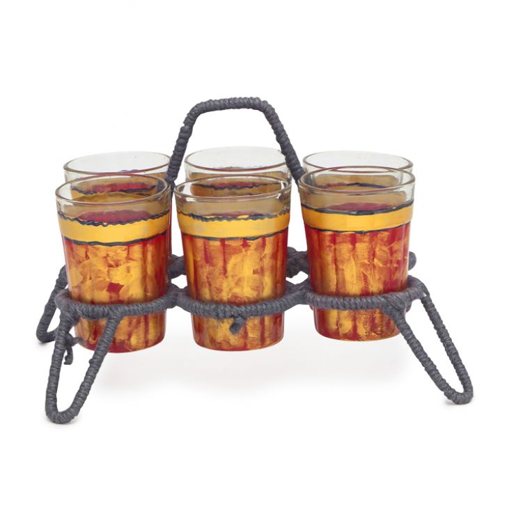 Hand Painted Tea set with Six Tea Glasses & Holder : Antiqua Fiery Red