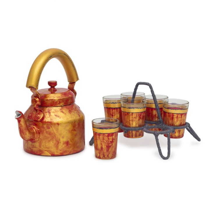 Hand Painted Tea set with Six Tea Glasses & Holder : Antiqua Fiery Red