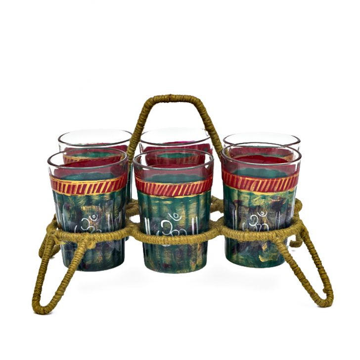 Hand Painted Tea Kettle with six glasses and stand: Antique Tea Set