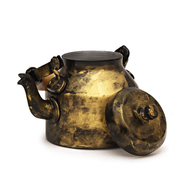 Hand Painted Tea Kettle with six glasses and stand: Black &  Gold