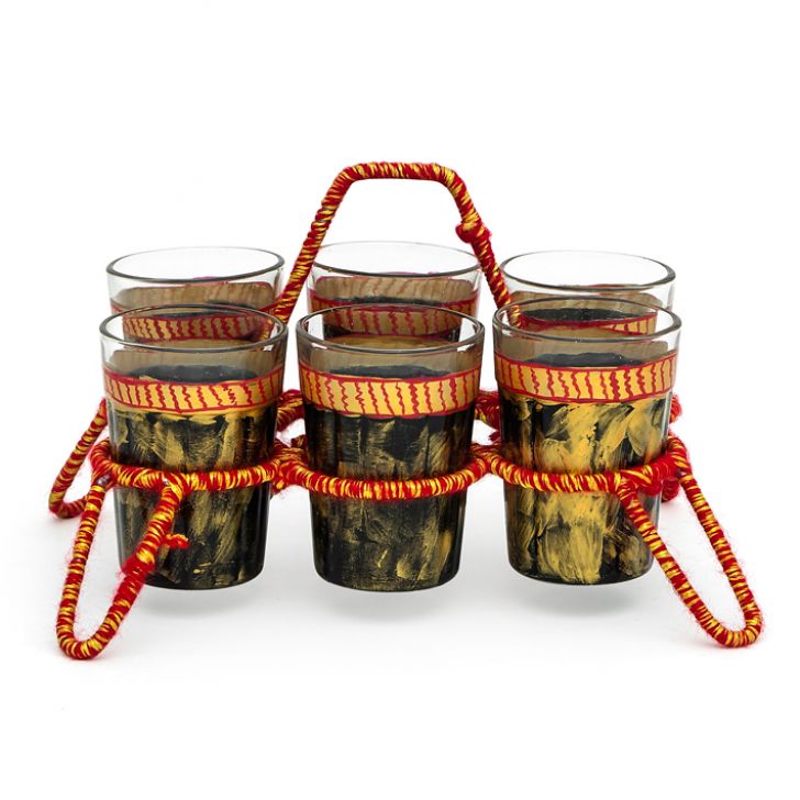 Hand Painted Tea Kettle with six glasses and stand: Black &  Gold