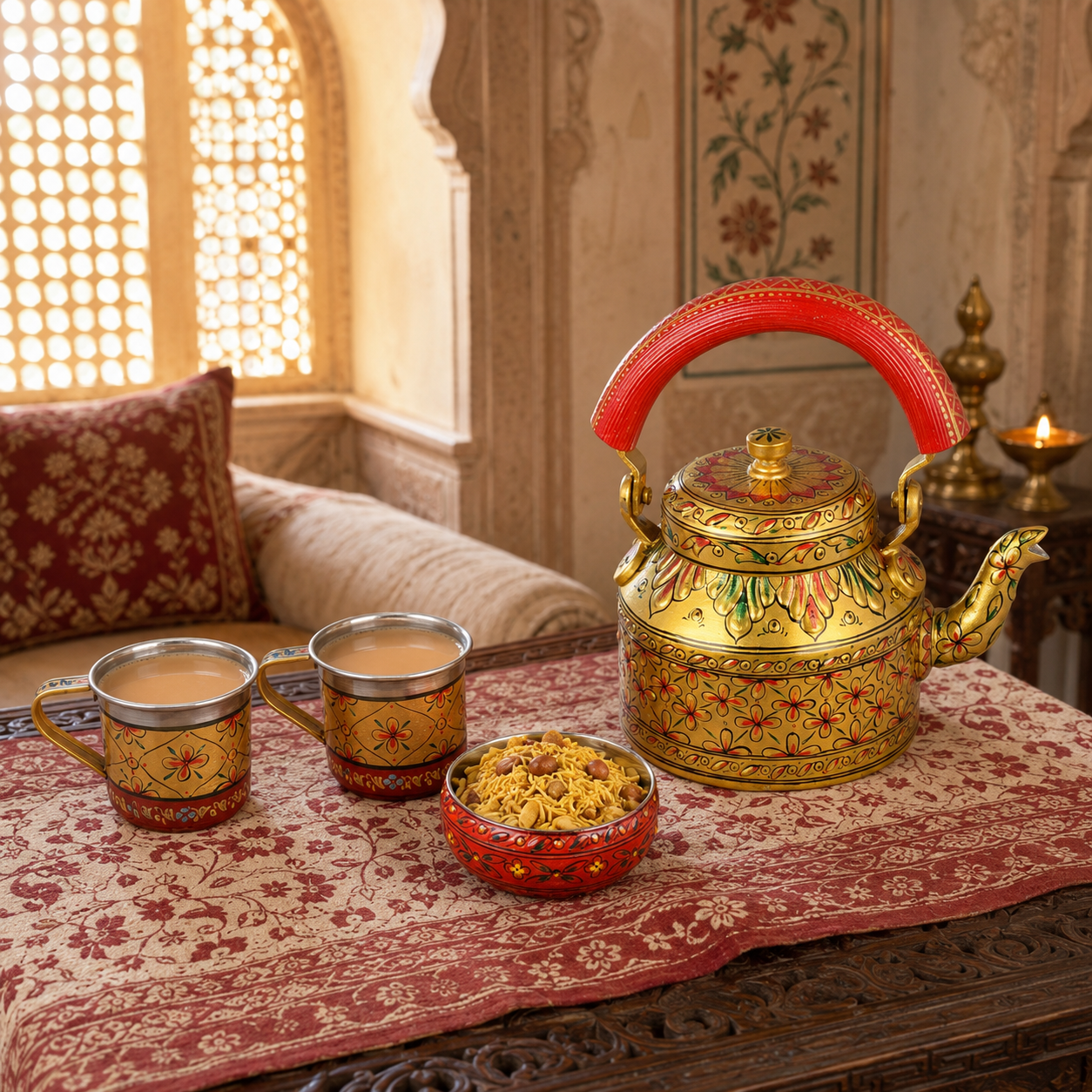 Hand Painted Tea Set : Golden glow Red