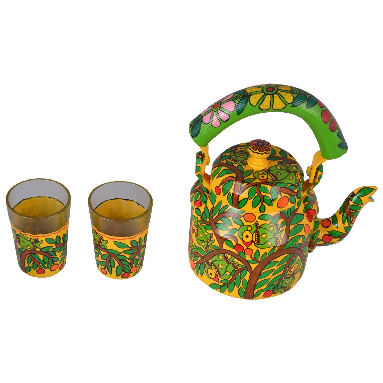 Hand Painted Madhubani Tea Set for Two People - Tea Pot & Two Tea Glasses Hand Painted Madhubani Tea Set for Two People - Tea Pot & Two Tea Glasses