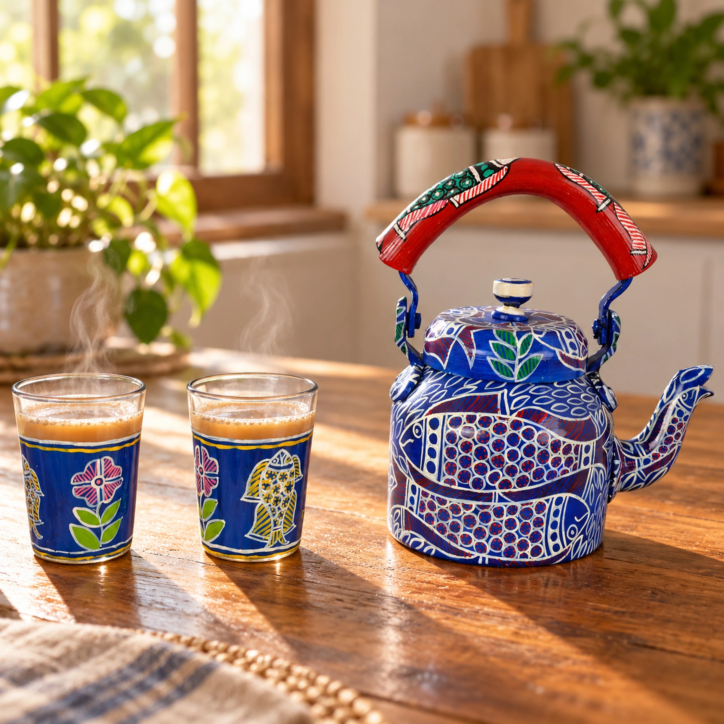 Hand Painted Tea Set with 2 Tea Glasses - Fish Folk Art Madhubani Tea Set
