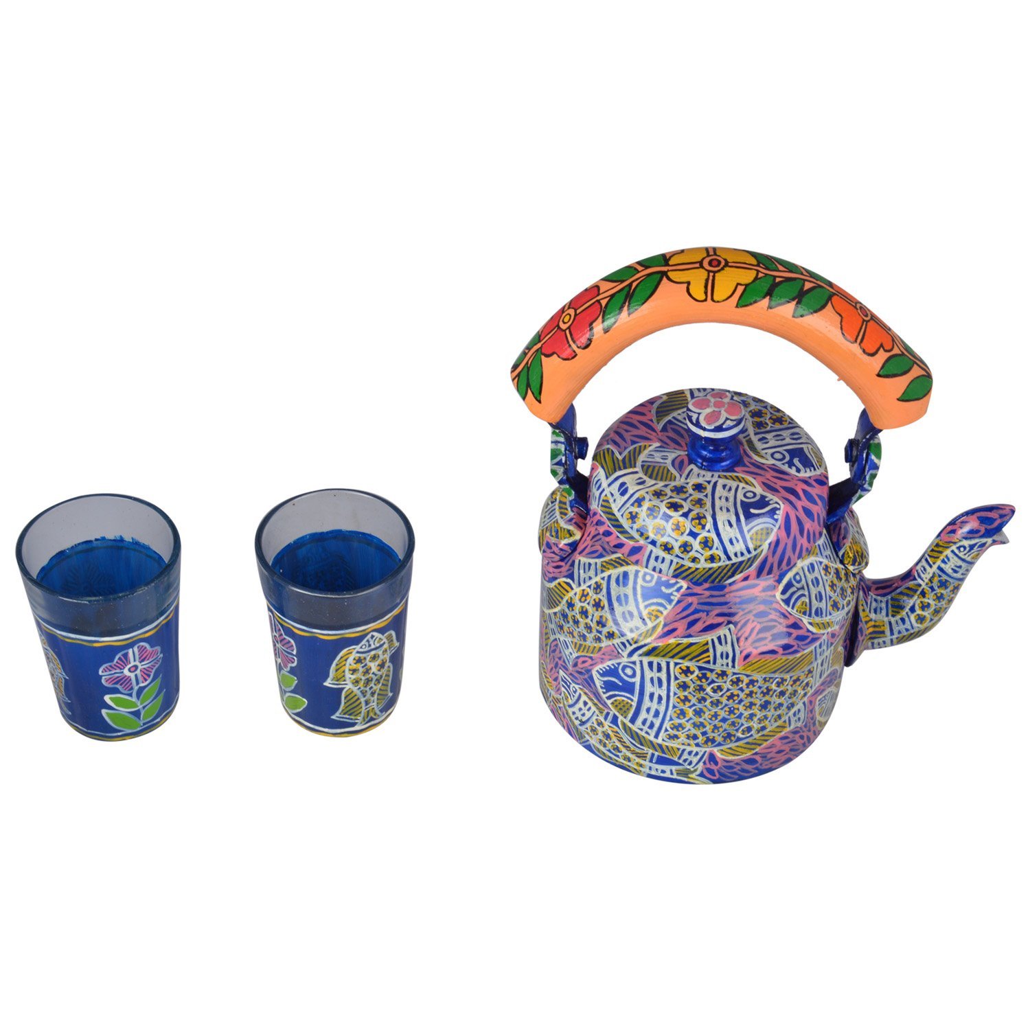 Hand Painted Tea Set For Two - Tea kettle with Two Tea Glasses: Fishomenia II Hand Painted Tea Set For Two - Tea kettle with Two Tea Glasses: Fishomenia II
