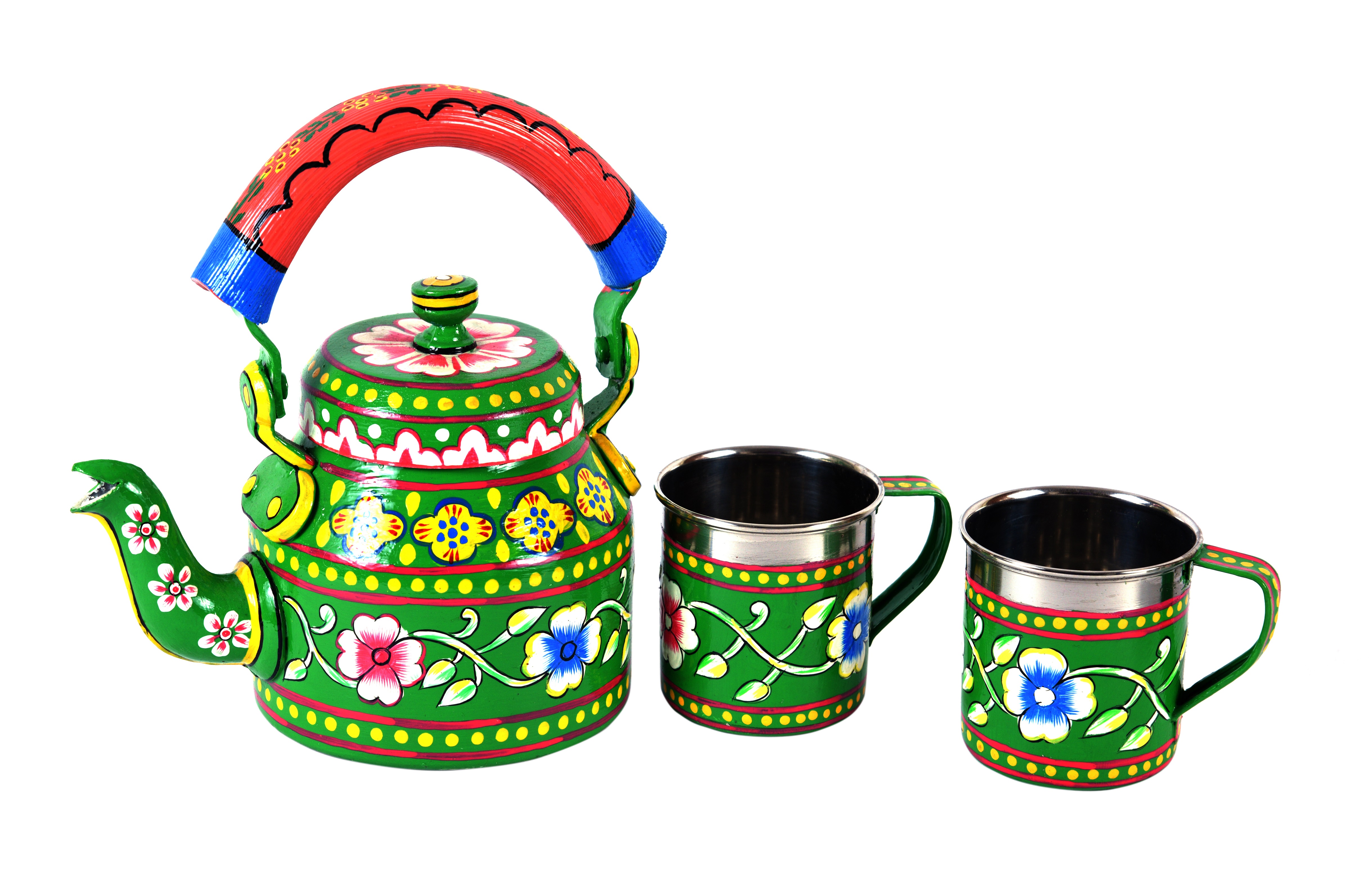 Hand Painted Tea Kettle : Green Floral Tea Set for Two Person Hand Painted Tea Kettle : Green Floral Tea Set for Two Person
