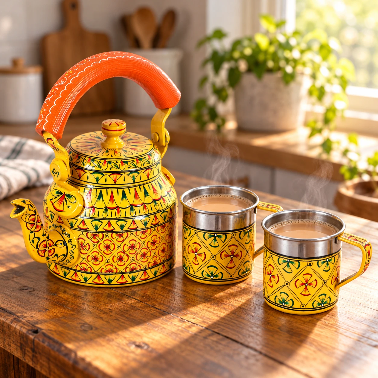 Hand Painted Tea Kettle With Two Tea cups : Sunshine Hand Painted Tea Set