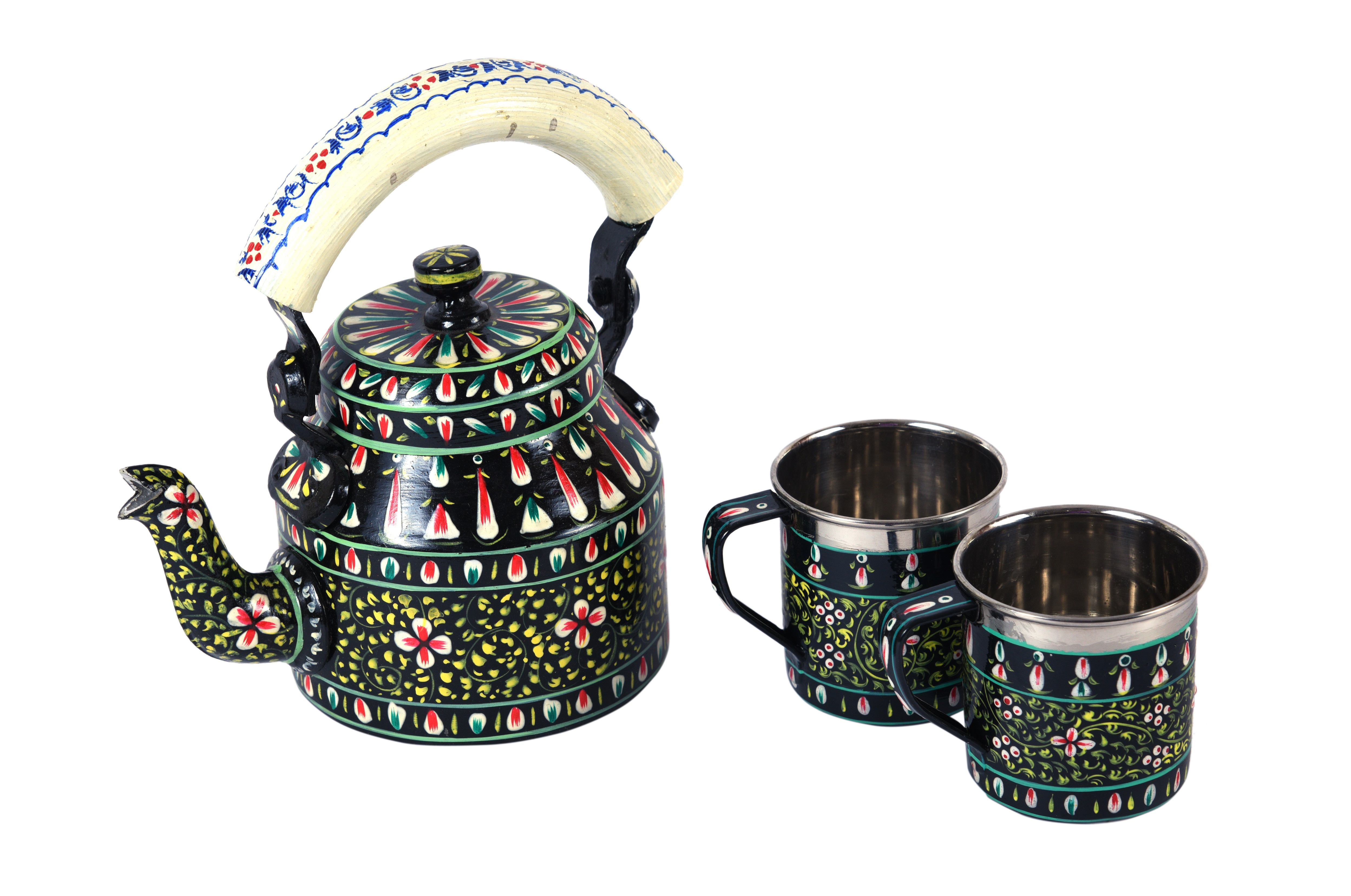Hand Painted Tea kettle and 2 cups : Black Hand Painted Tea kettle and 2 cups : Black