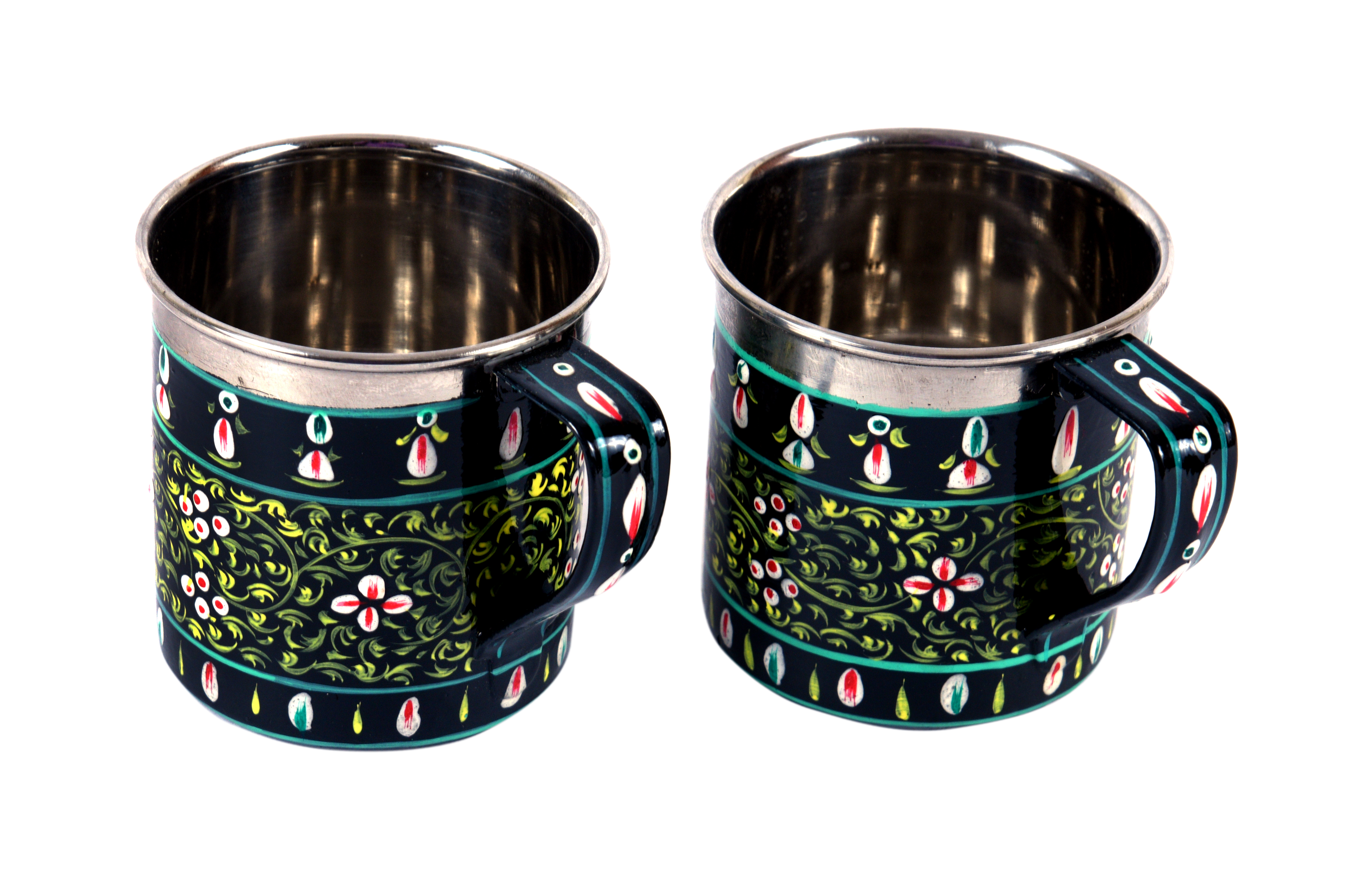 Hand Painted Tea kettle and 2 cups : Black