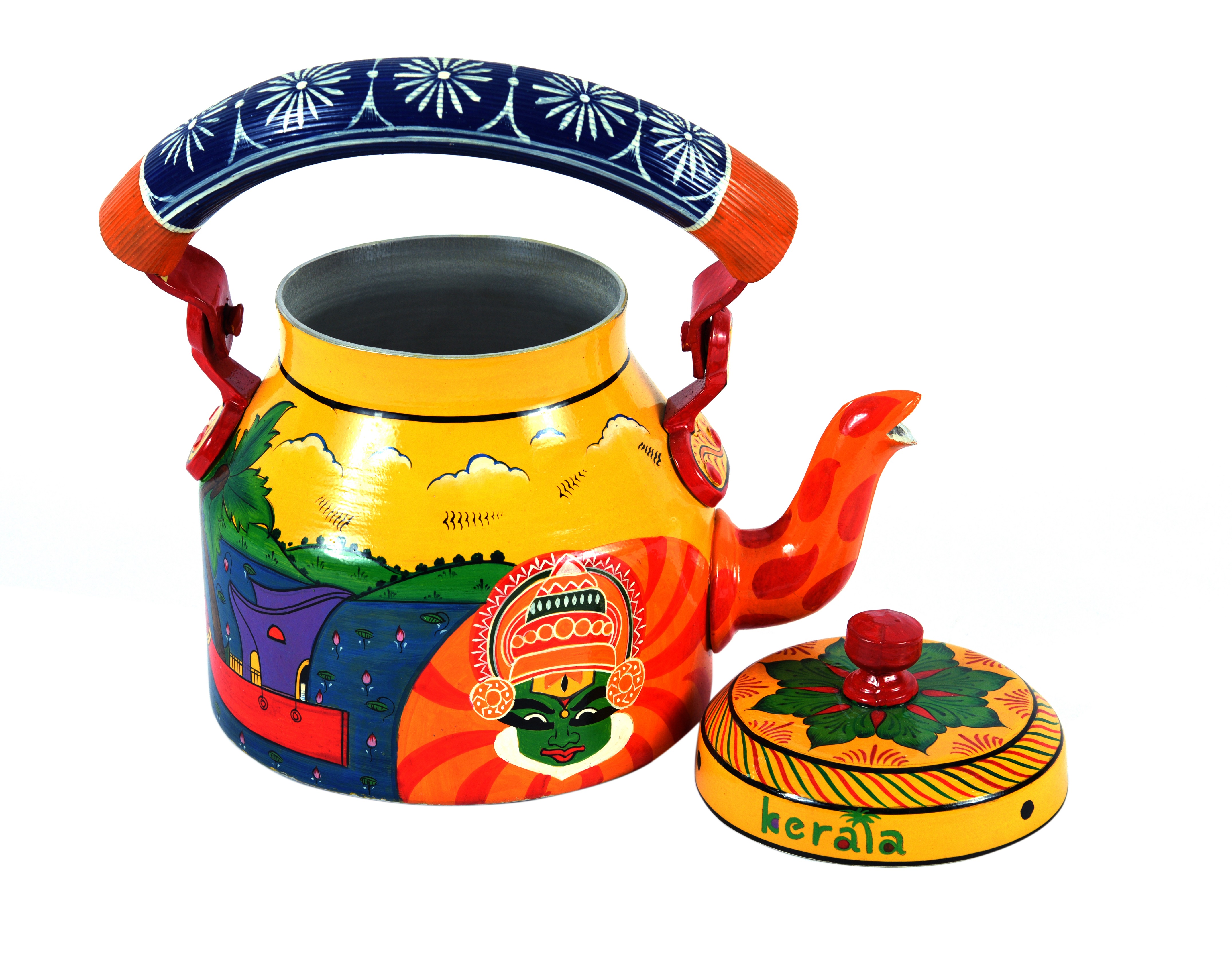 Hand Painted Tea kettle and 2 Tea Cups : Kerala Mural Art Hand Painted Tea kettle and 2 Tea Cups : Kerala Mural Art